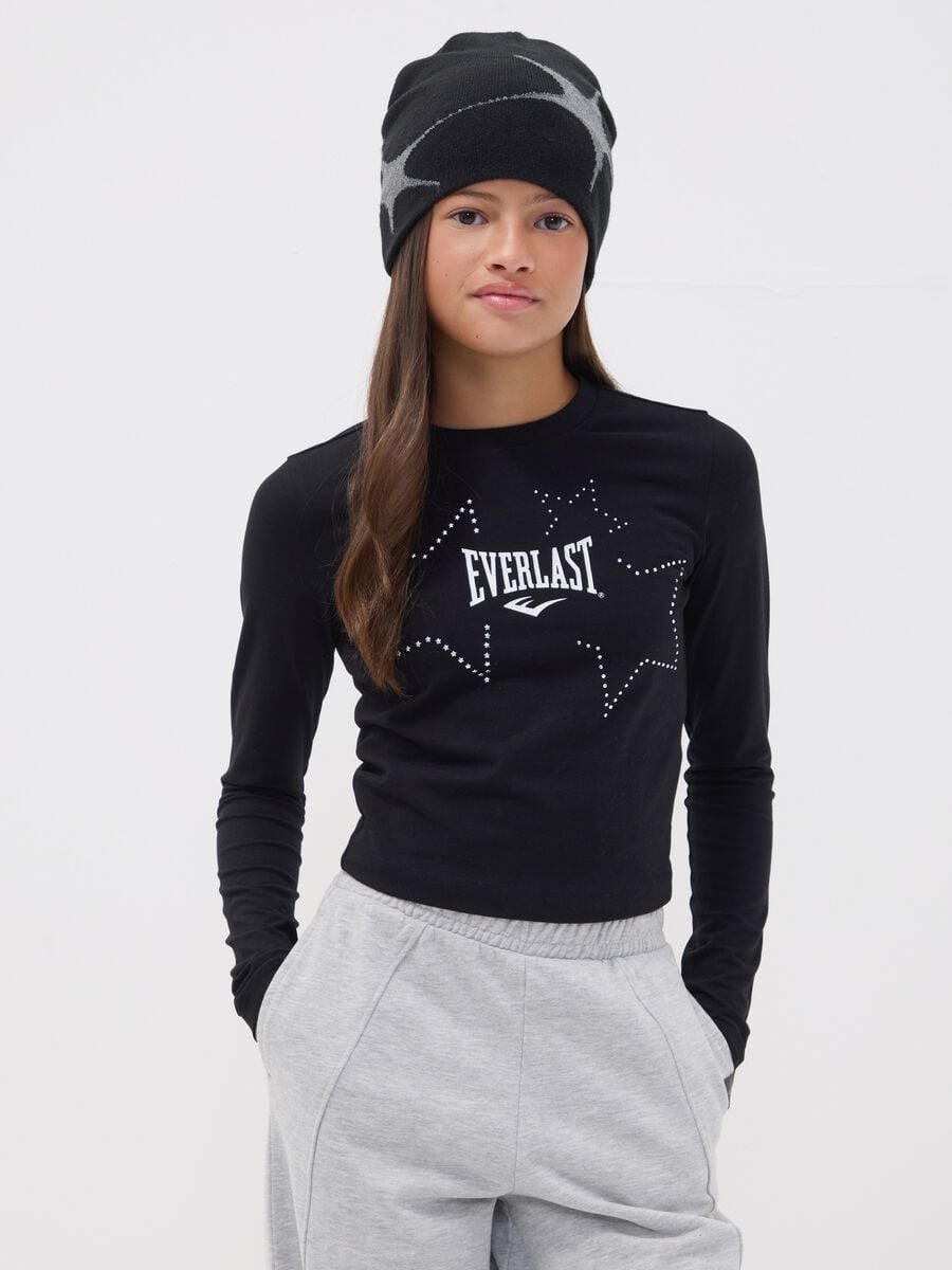 Black pure cotton T-shirt with applied stars, regular fit for girls_0