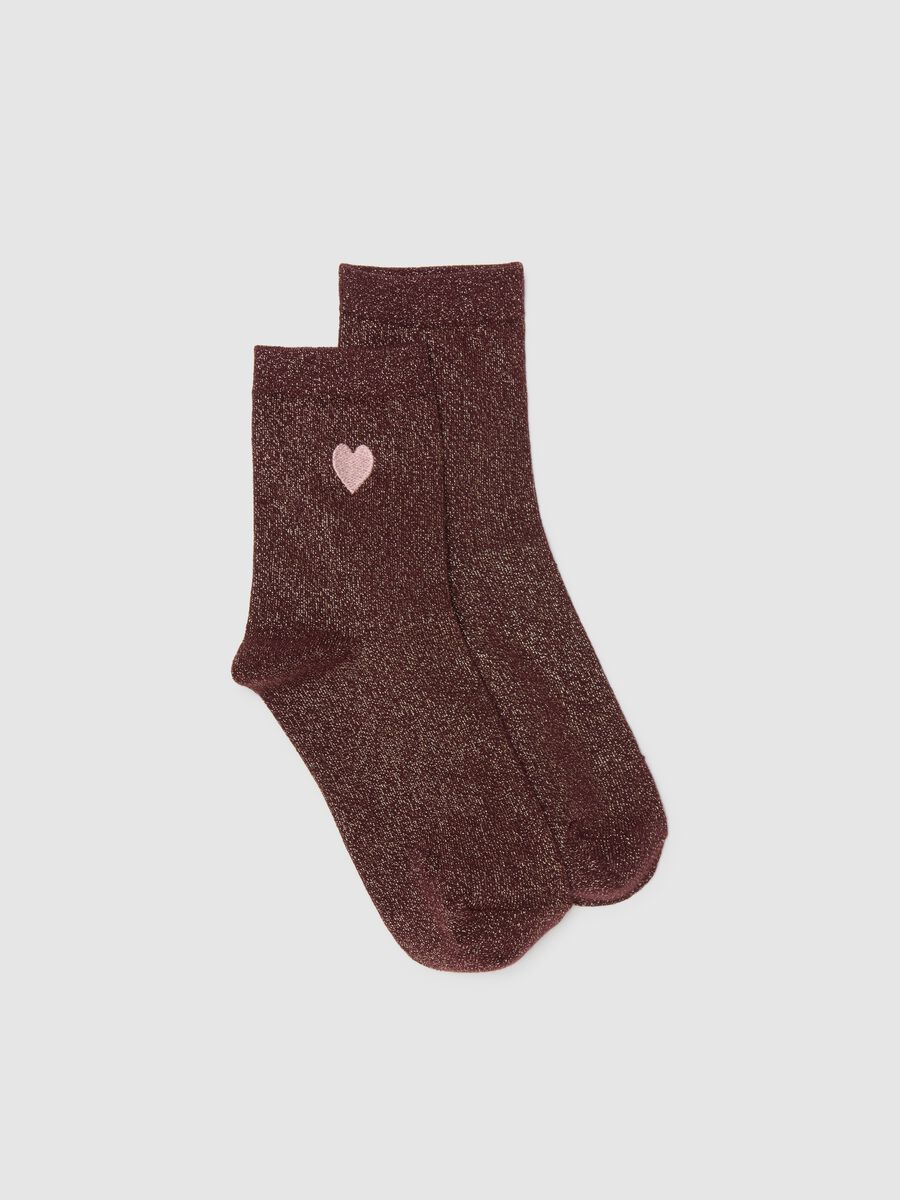 Brown cotton blend socks with heart and glitter_0