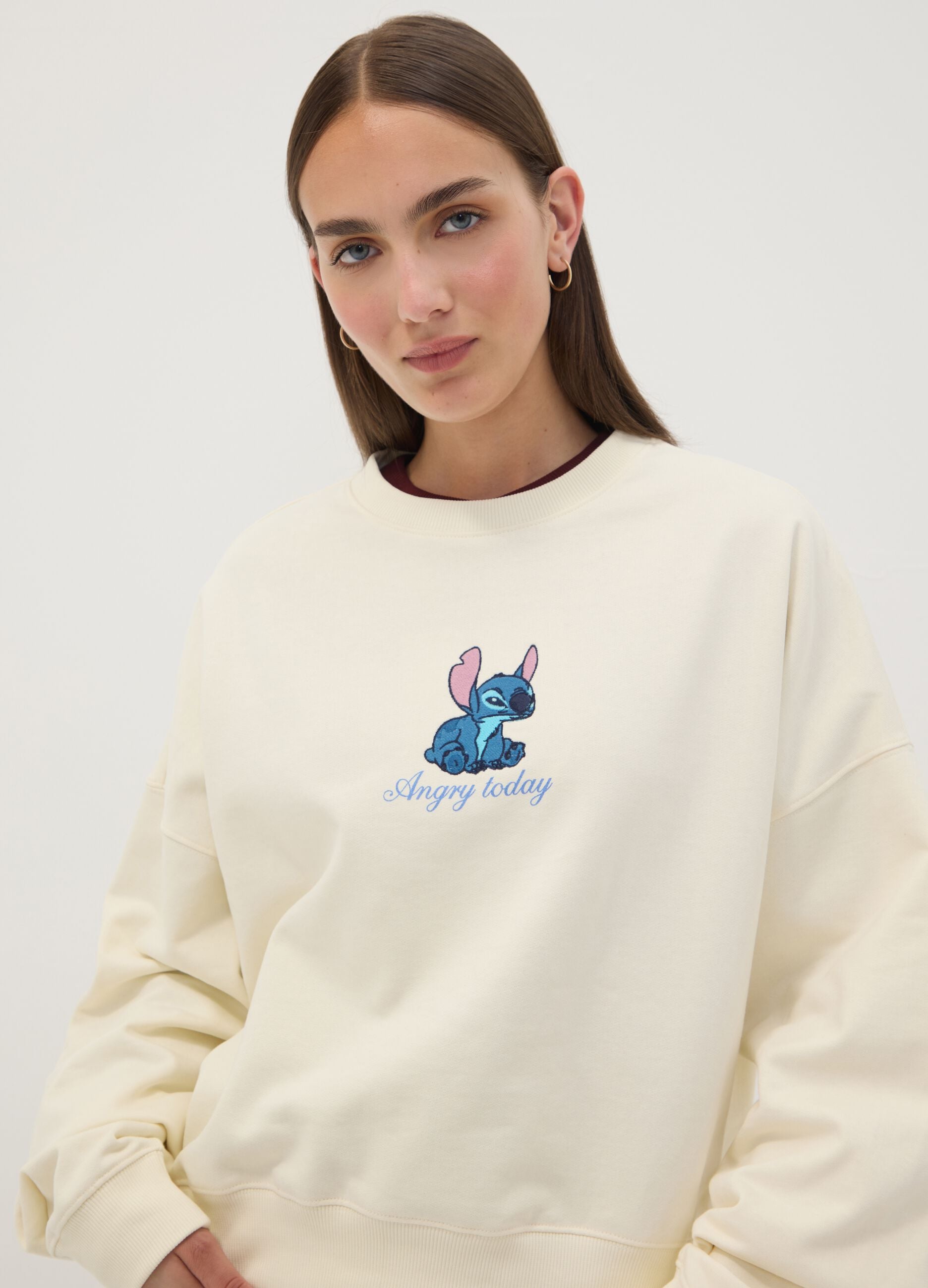 Beige pure cotton sweatshirt with Stitch print