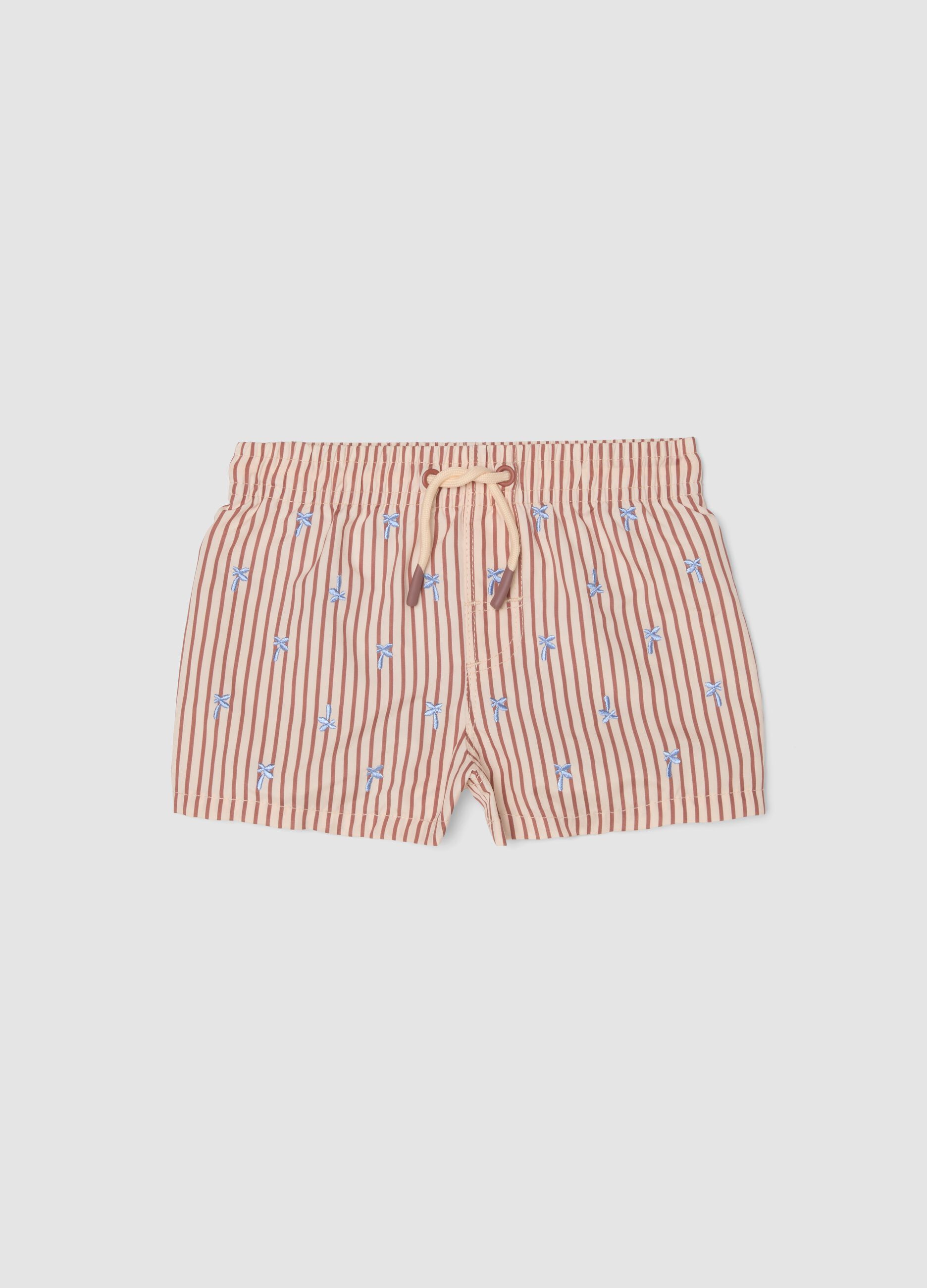 Baby Pink Striped Boxer Swim Shorts with Embroidery