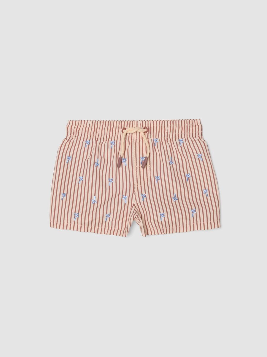 Baby Pink Striped Boxer Swim Shorts with Embroidery_0