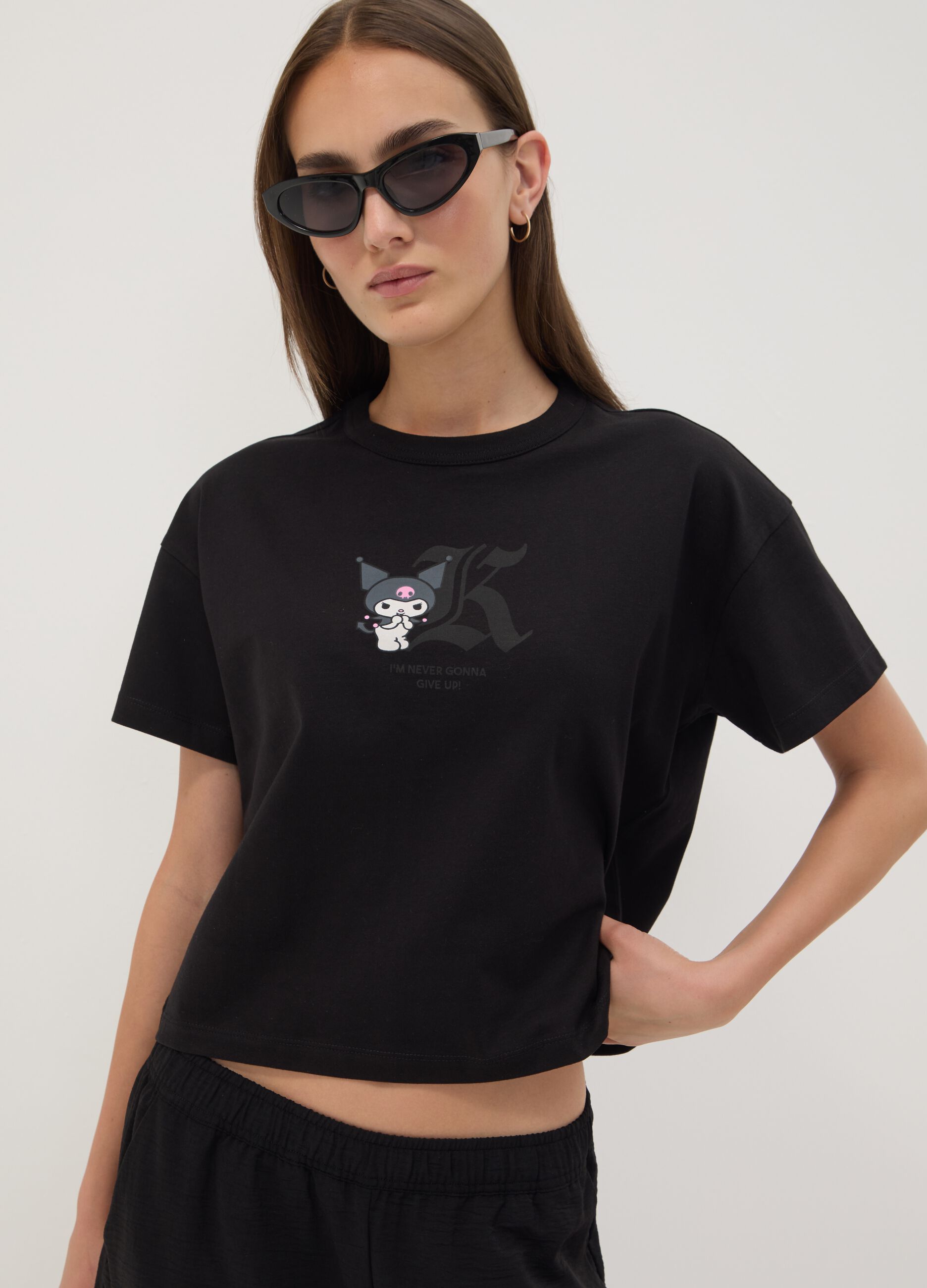 Black pure cotton Kuromi print T-shirt, regular fit
