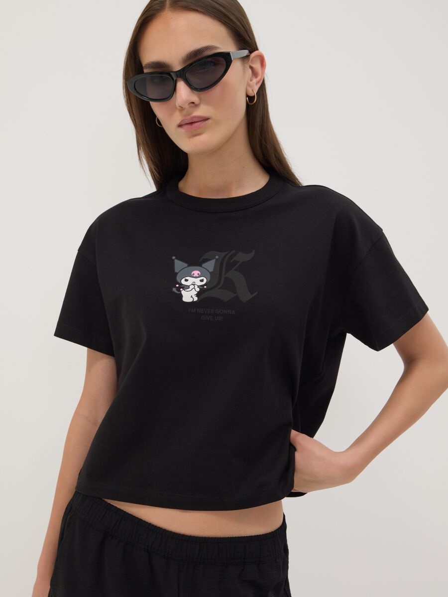 Black pure cotton Kuromi print T-shirt, regular fit_0