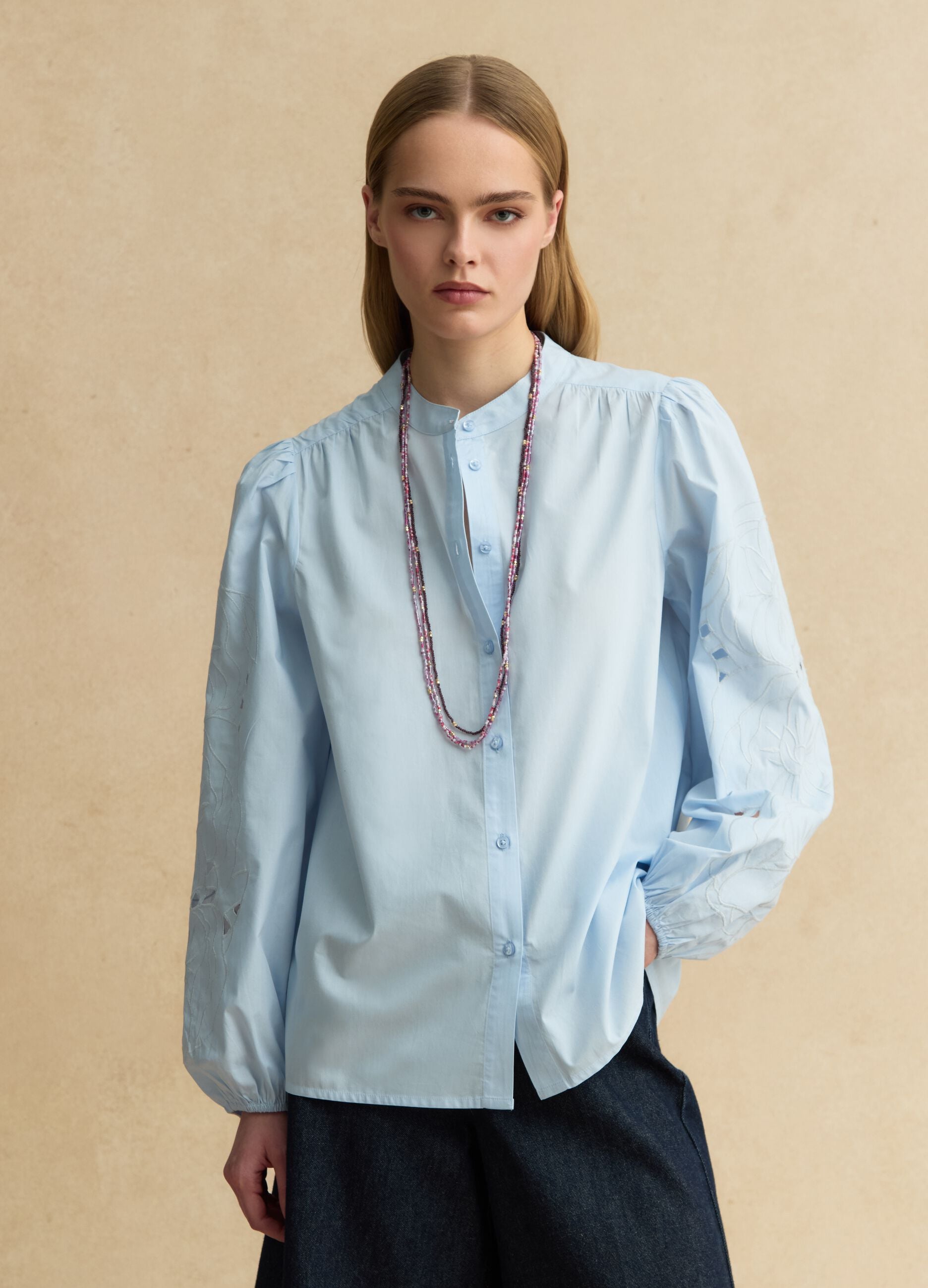 Light blue pure cotton shirt regular fit with embroidery