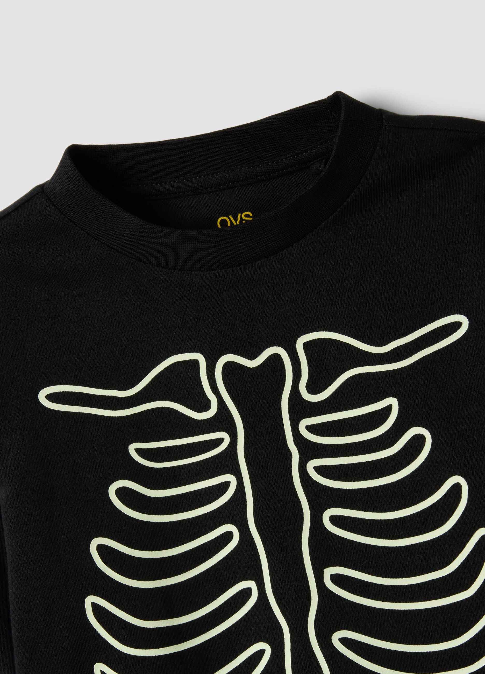 Black pure cotton crew-neck T-shirt with skeleton print
