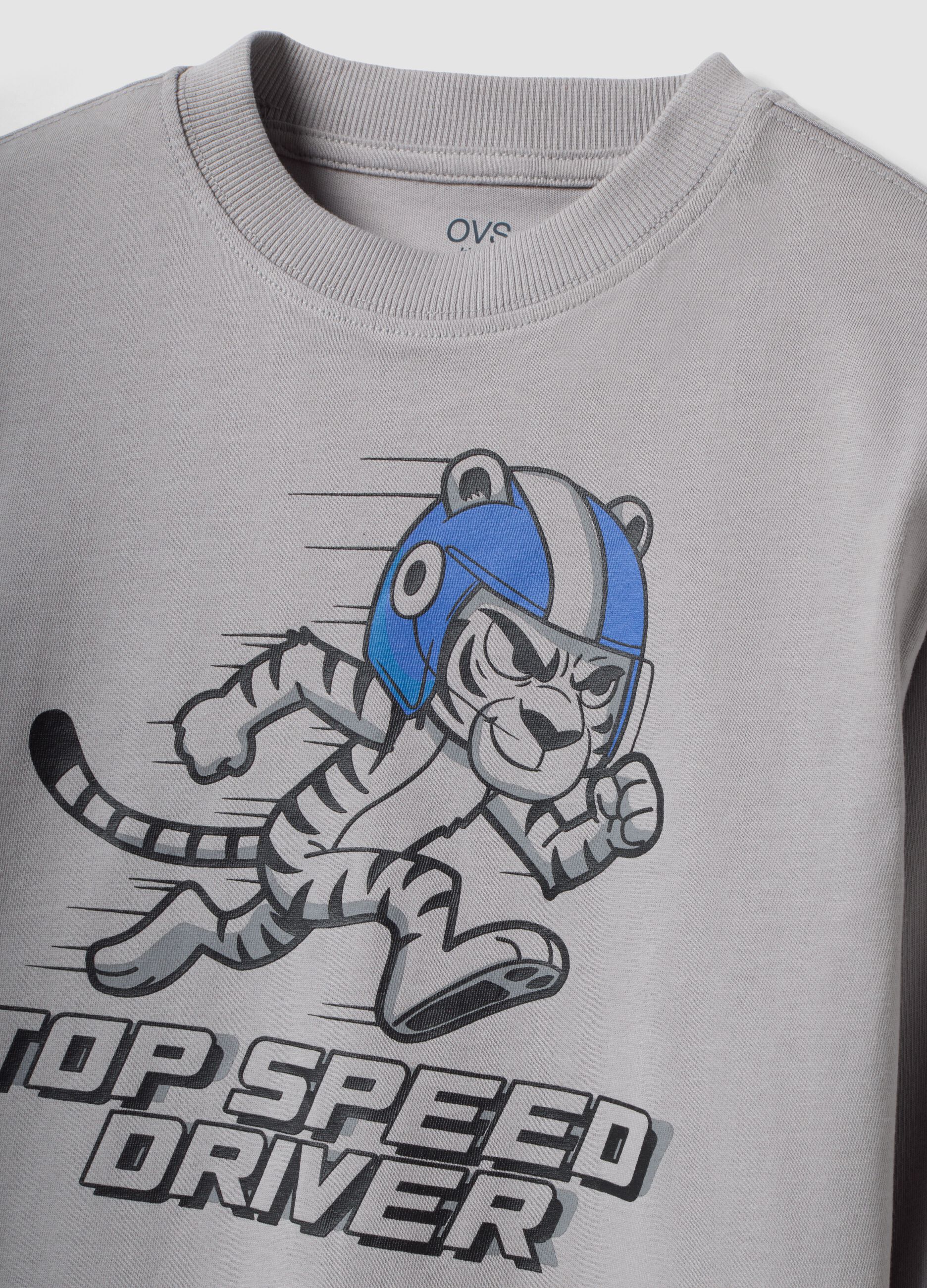 T-shirt grigia in puro cotone con girocollo e stampa Top Speed Driver