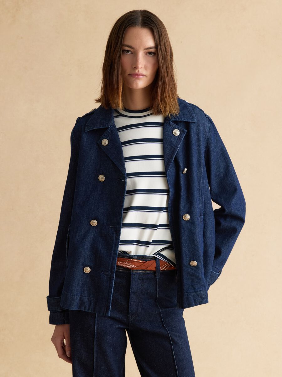 Blue denim pure cotton regular fit jacket with gold buttons_1
