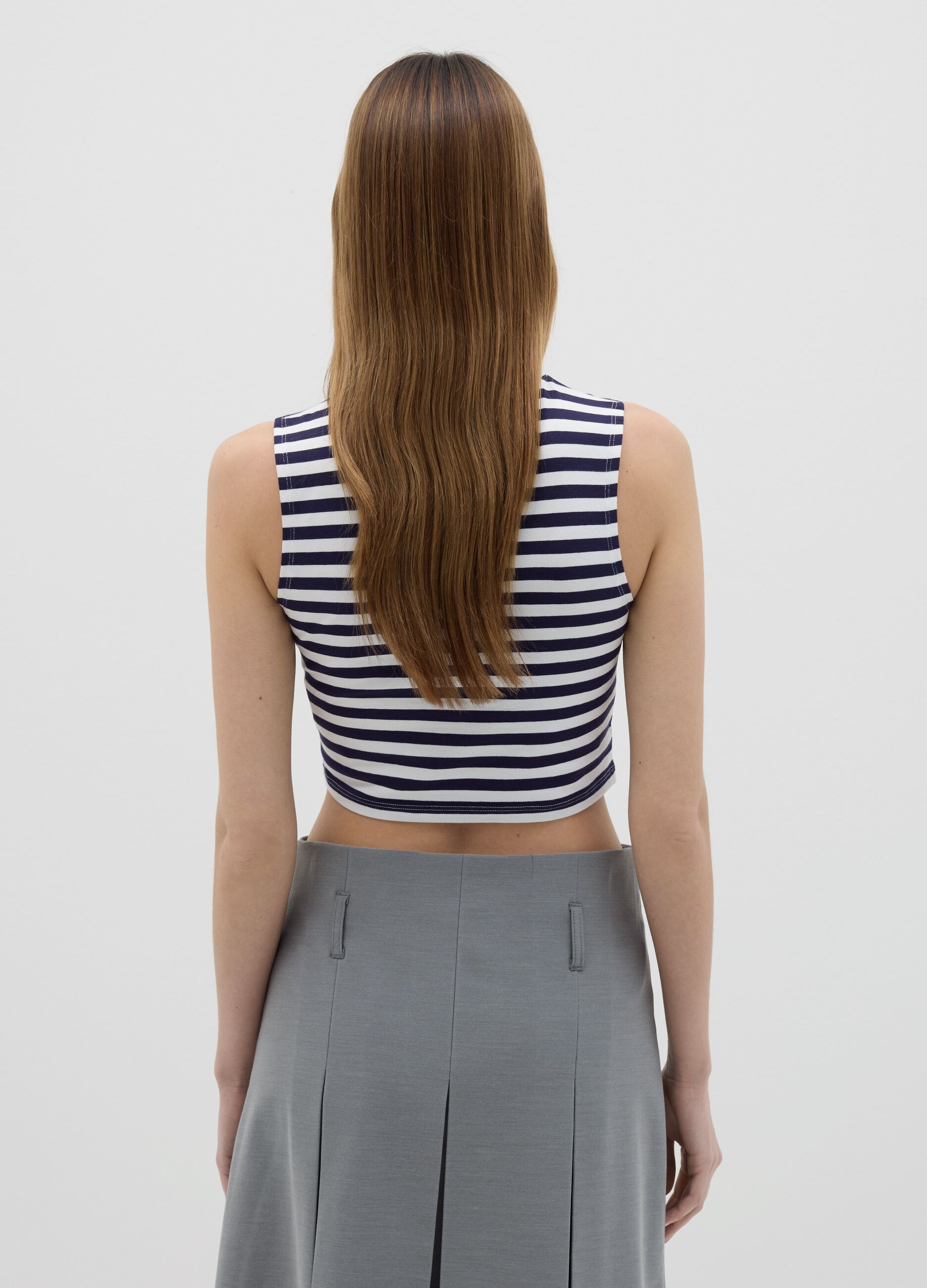 White and blue cropped tank top with embroidery