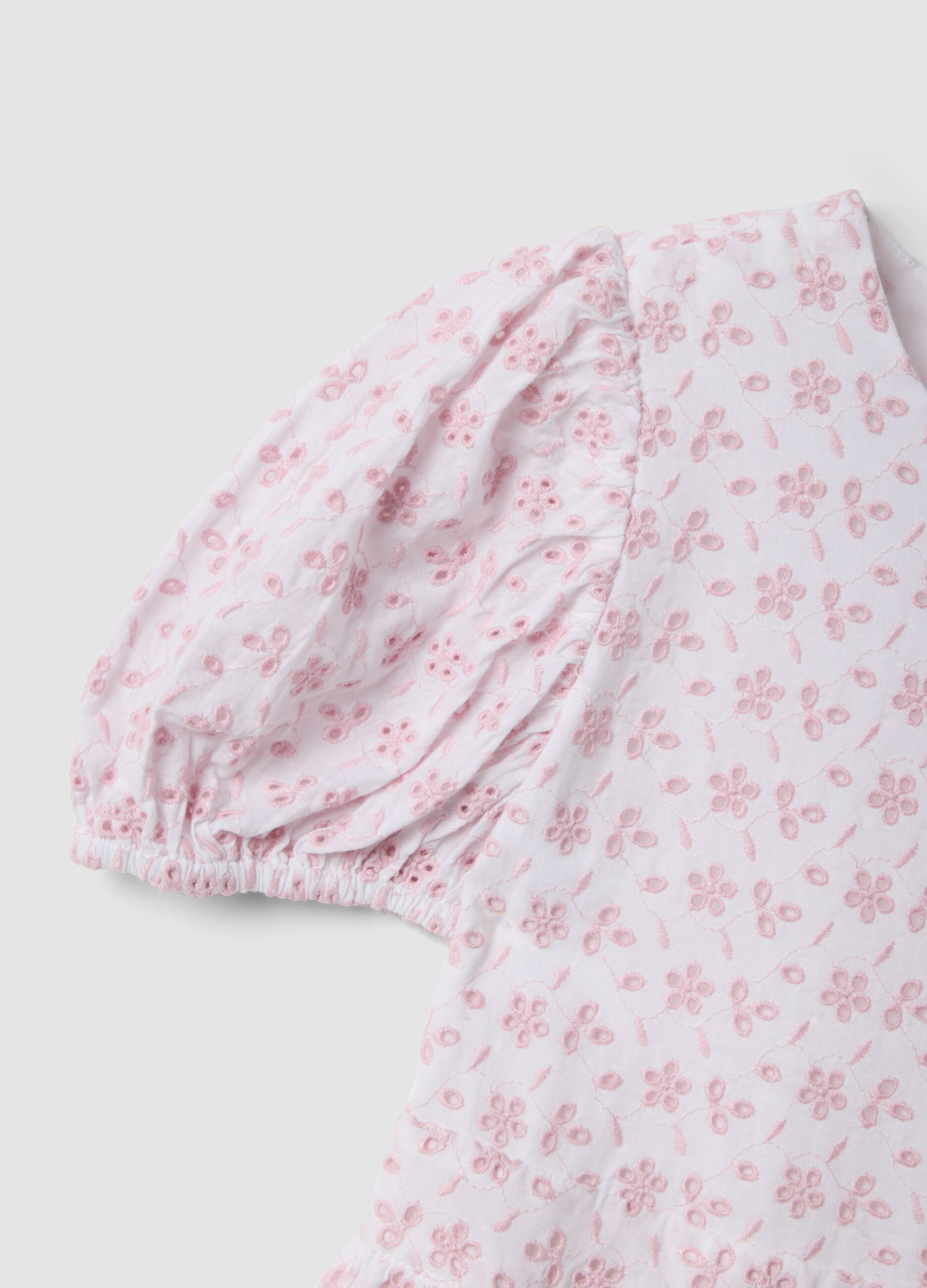 Pink pure cotton dress with Broderie Anglaise embroidery
