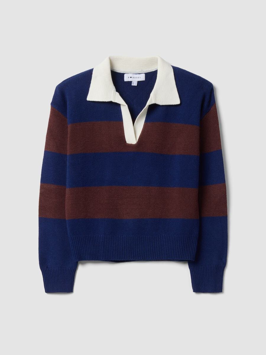 Blue striped viscose-blend polo-collar top, regular fit_4