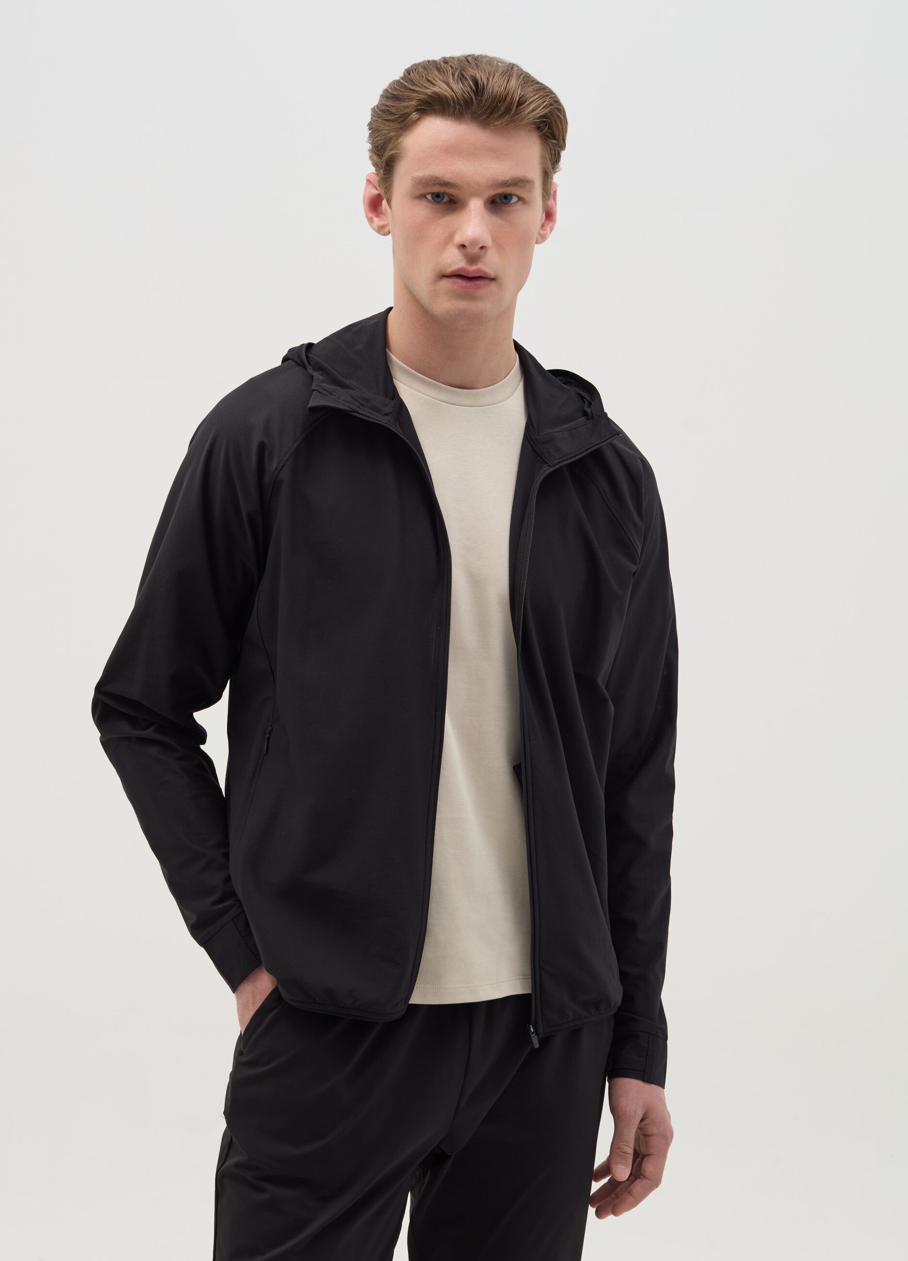 Full-zip sweatshirt in technical fabric with hood