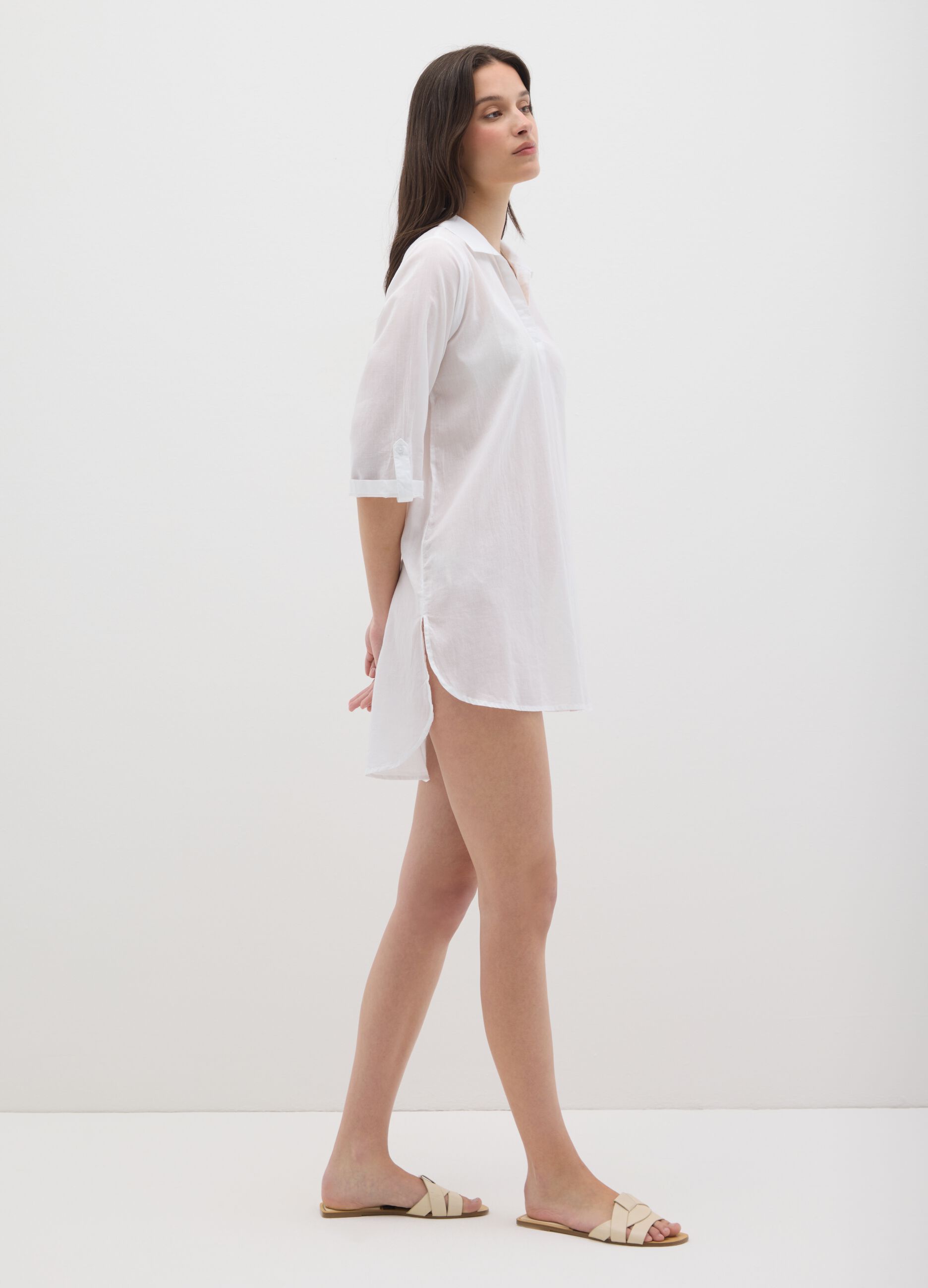 Copricostume da donna in puro cotone bianco regular fit con scollo a V