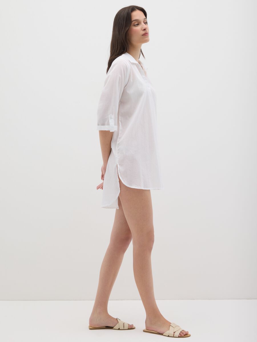 Women’s white beach cover-up in 100% cotton with regular-fit and V neck_0