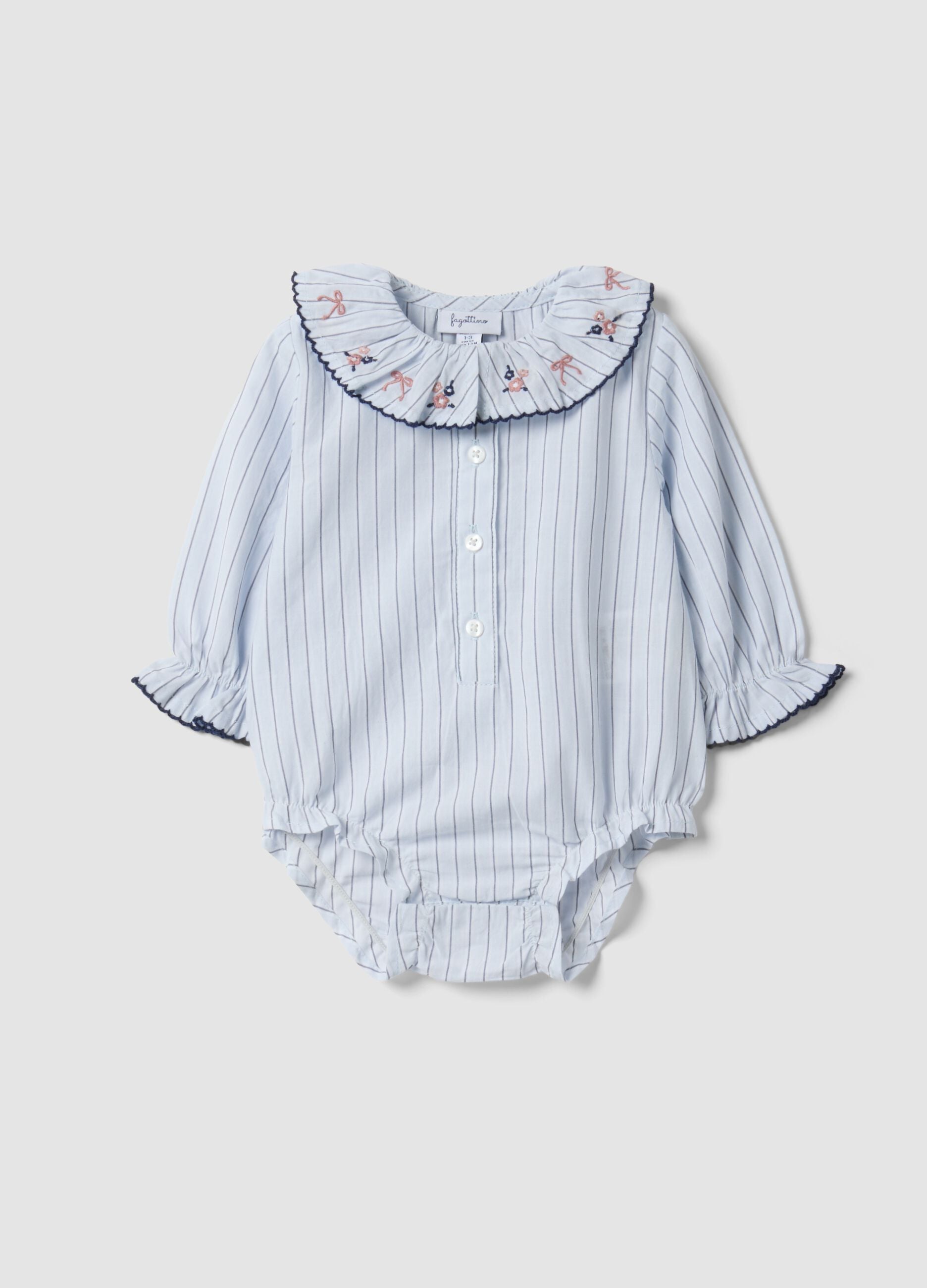 White pure cotton baby girl bodysuit with ruffle collar