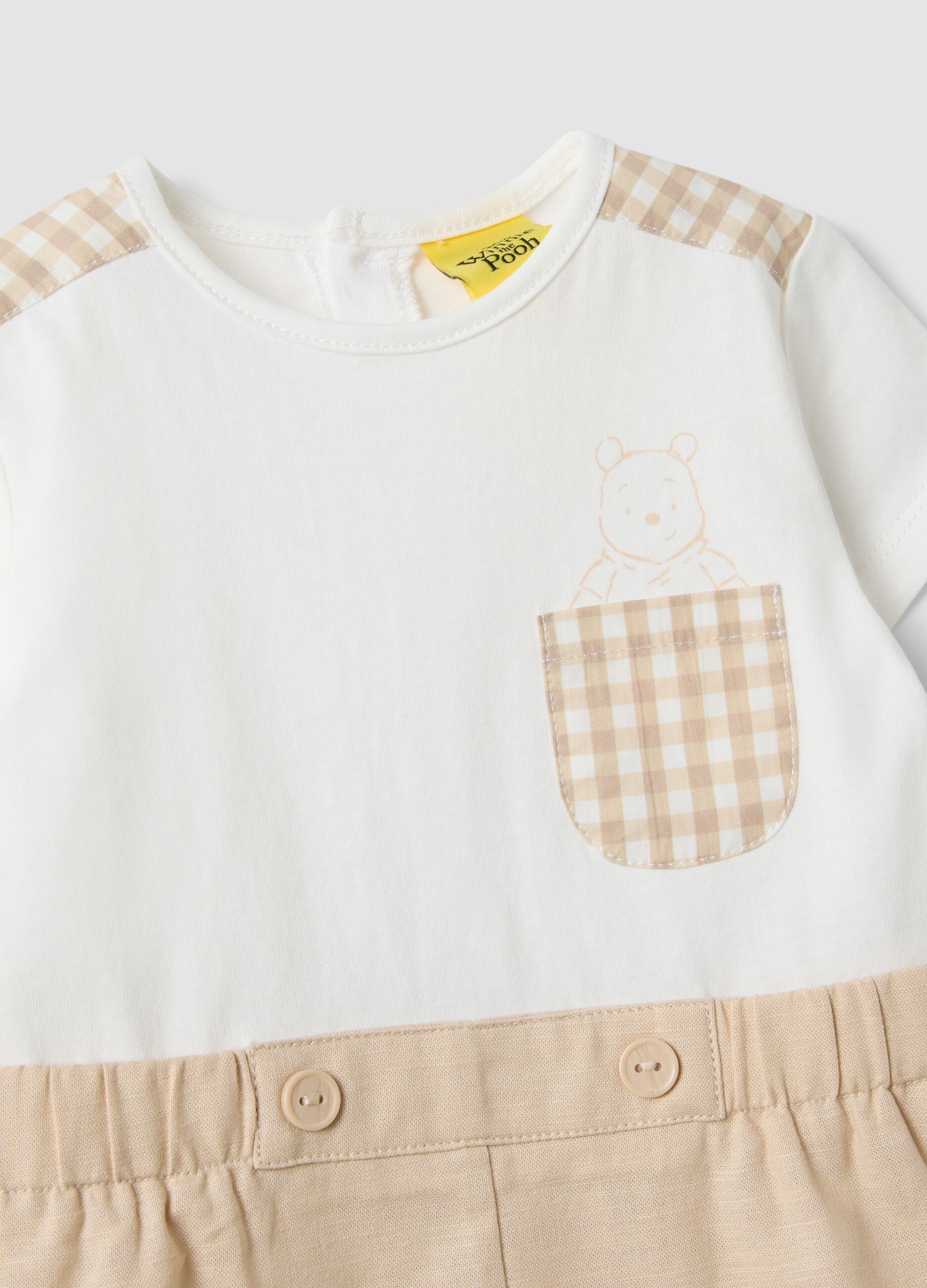 White cotton and linen blend romper with Winnie the Pooh detail for baby