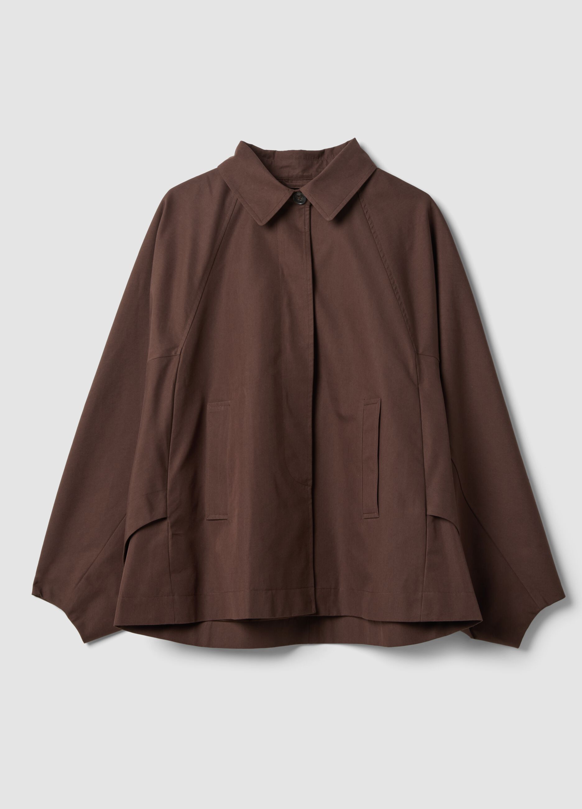 Short brown cotton-blend trench coat with shirt collar