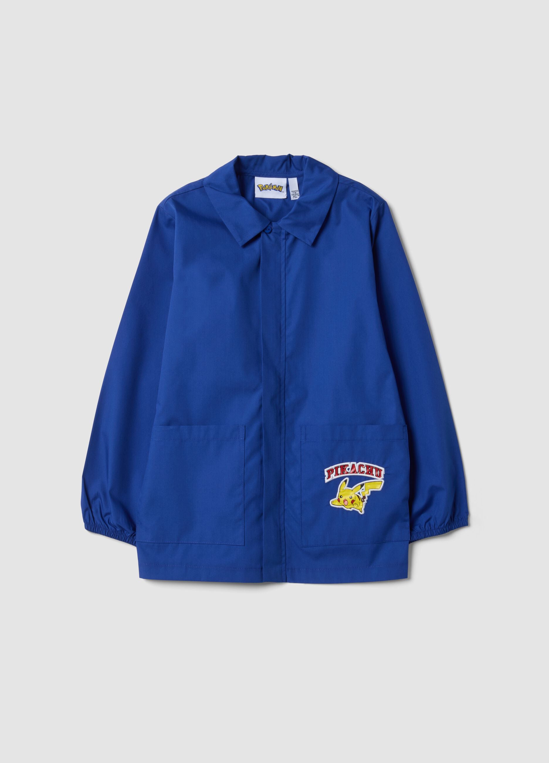 Blue kids&rsquo; school apron with zip and Pok&eacute;mon embroidery