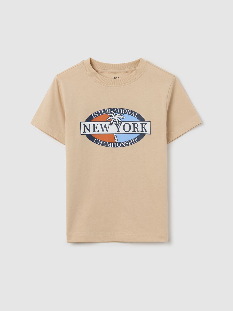 Beige cotton T-shirt with lettering print_0