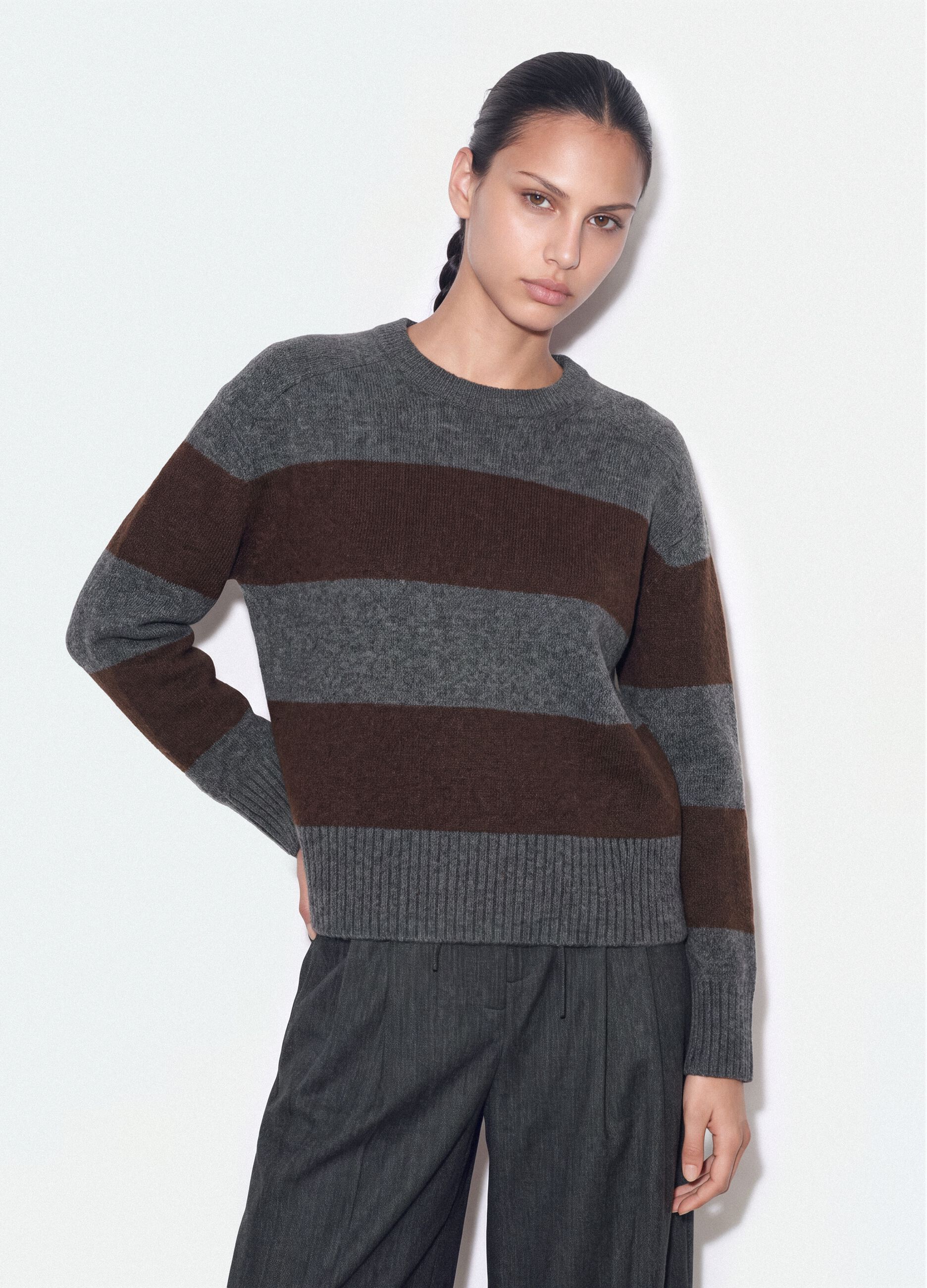 Grey striped stretch wool crew-neck jumper