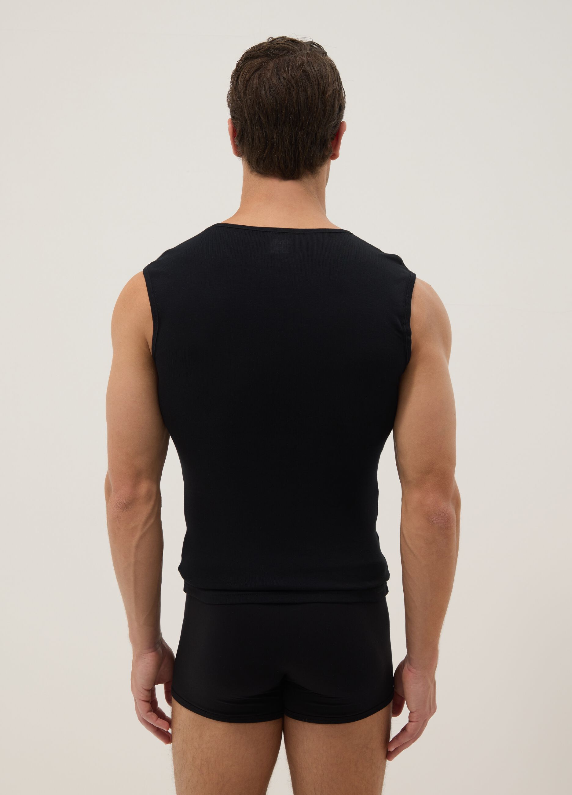 Black regular fit pure cotton tank top with wide shoulder strap