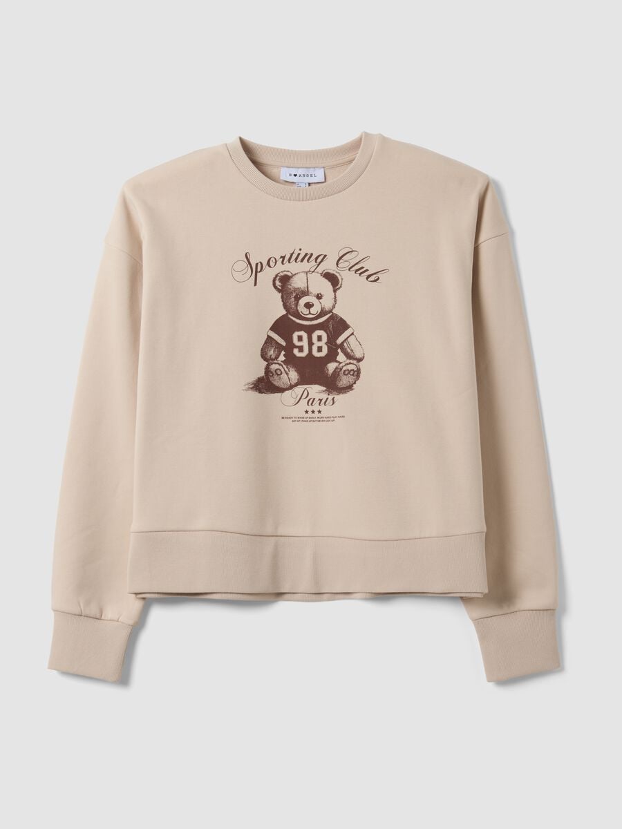 Felpa beige in misto cotone con girocollo e stampa teddy_4