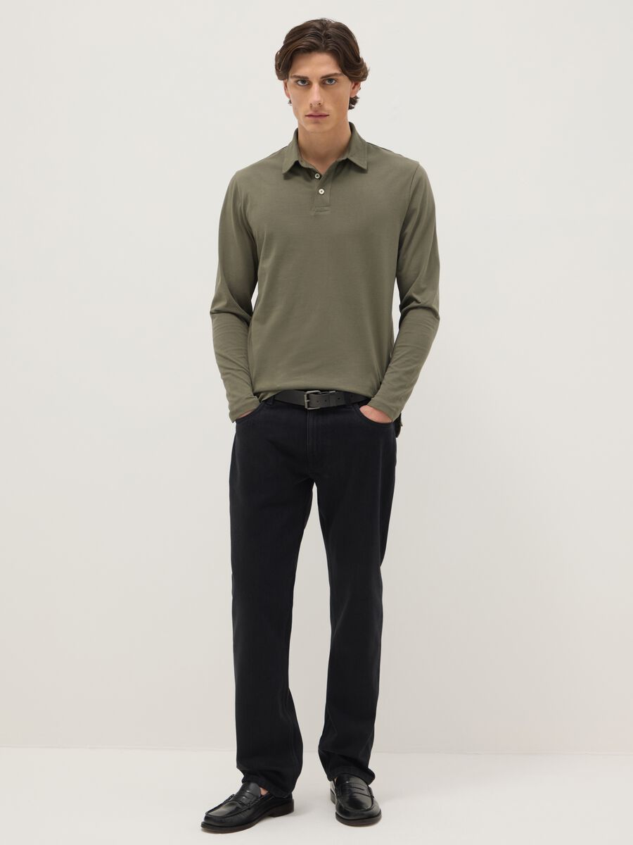 Long-sleeve green cotton polo shirt regular fit_1
