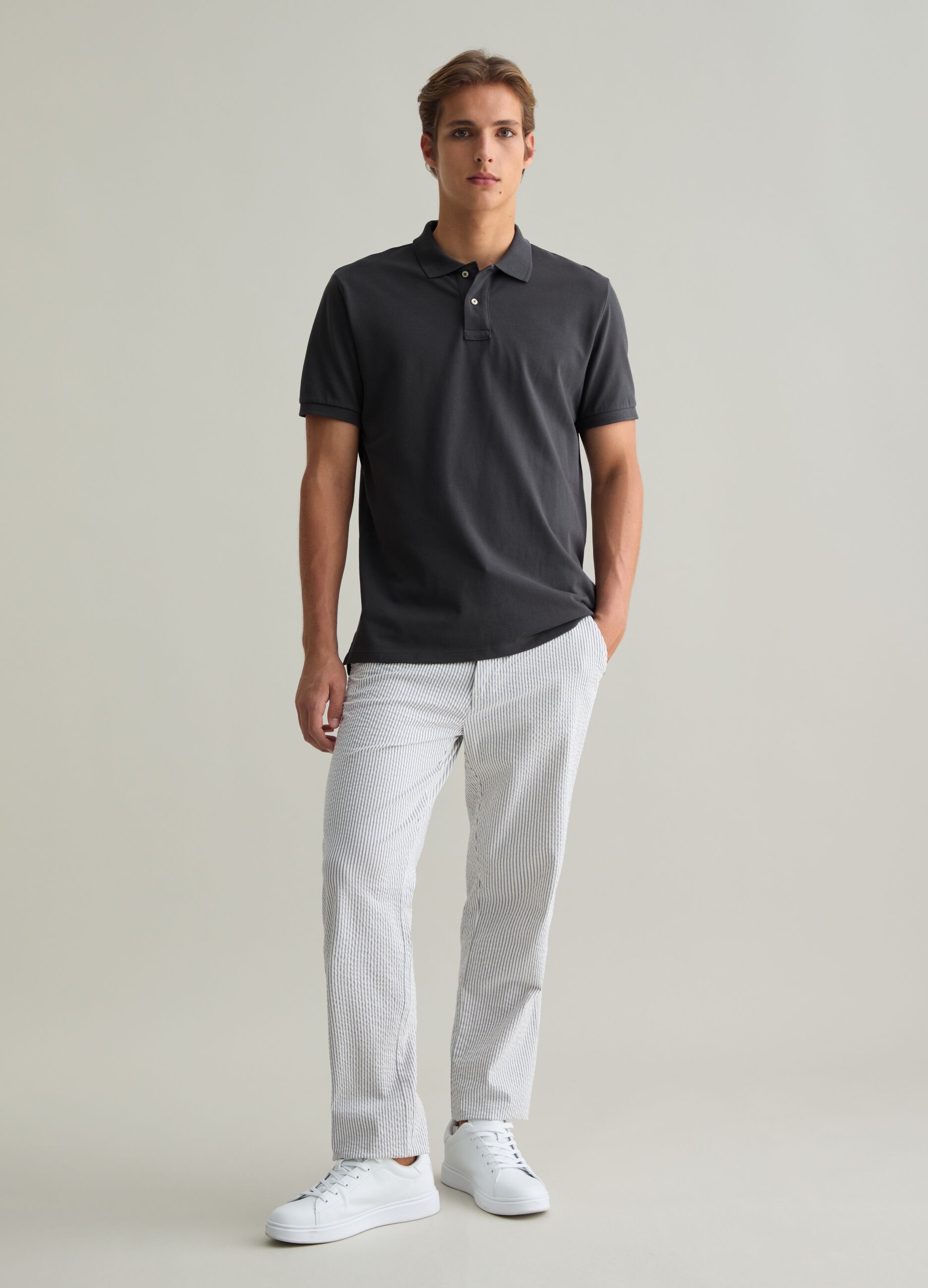 Short Sleeve Grey Polo in Cotton Piquet