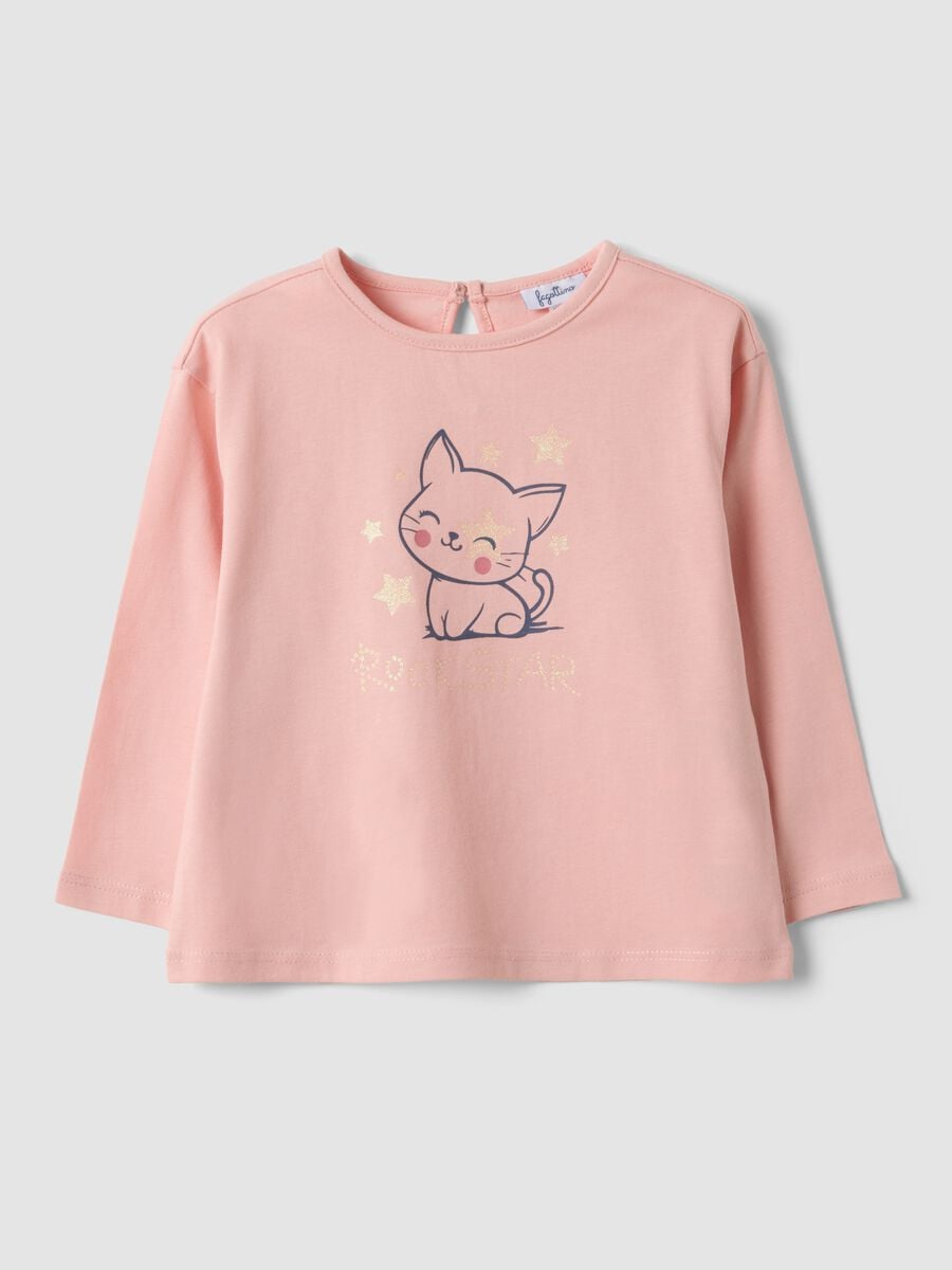 Maglietta rosa in puro cotone organico con stampa gattino per bimba_0