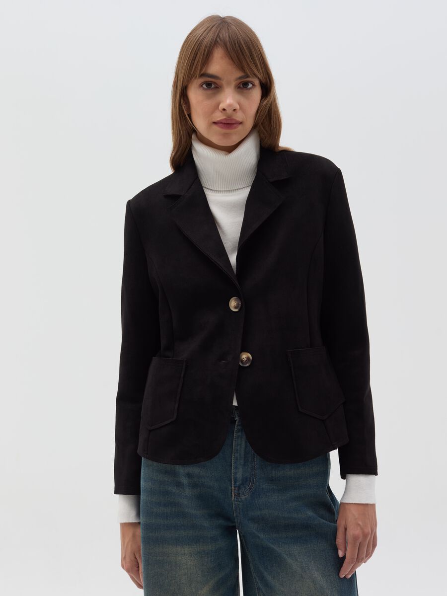 Single-breasted blazer with suede effect_0
