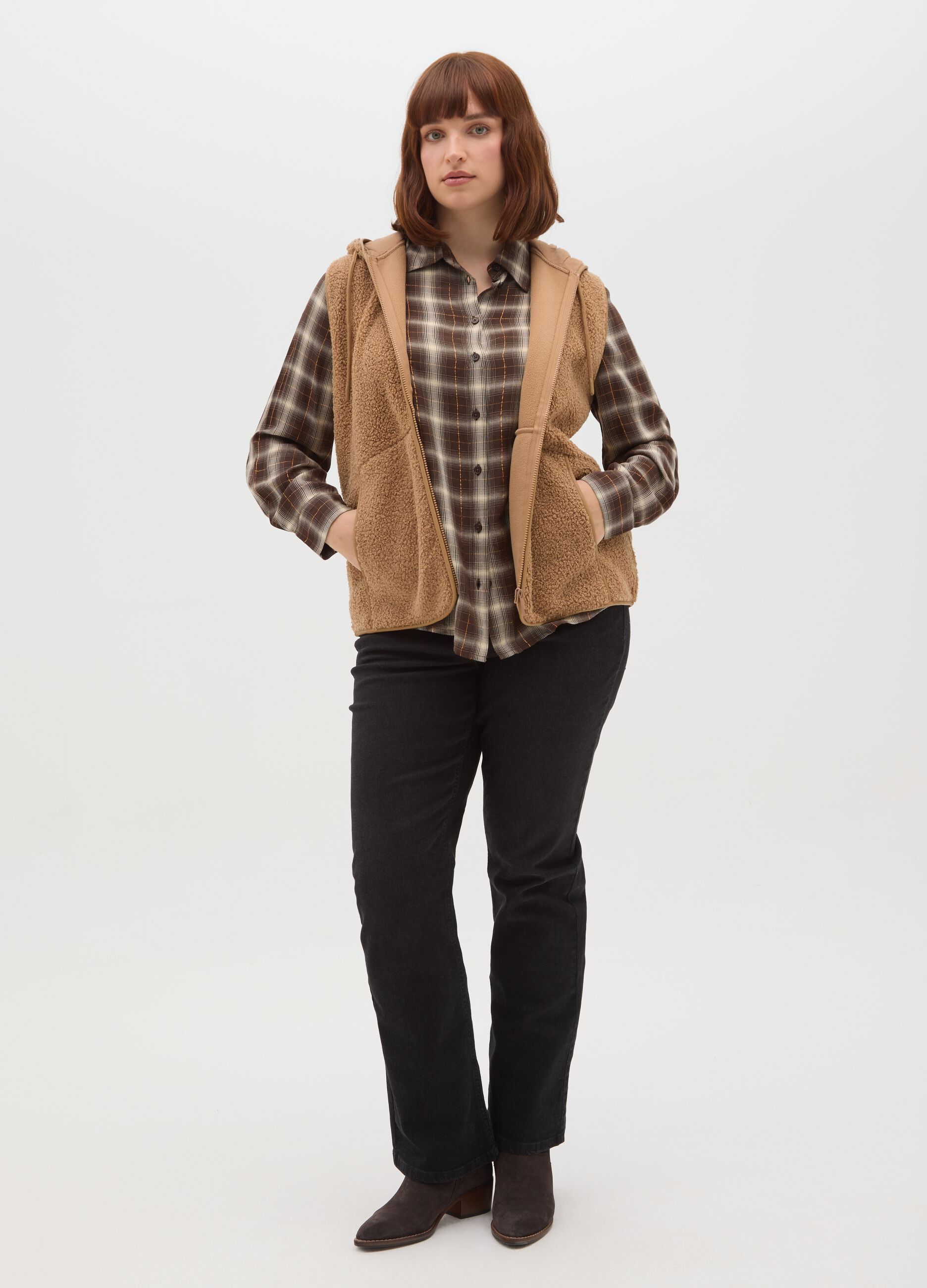 Brown regular fit gilet with zip and hood