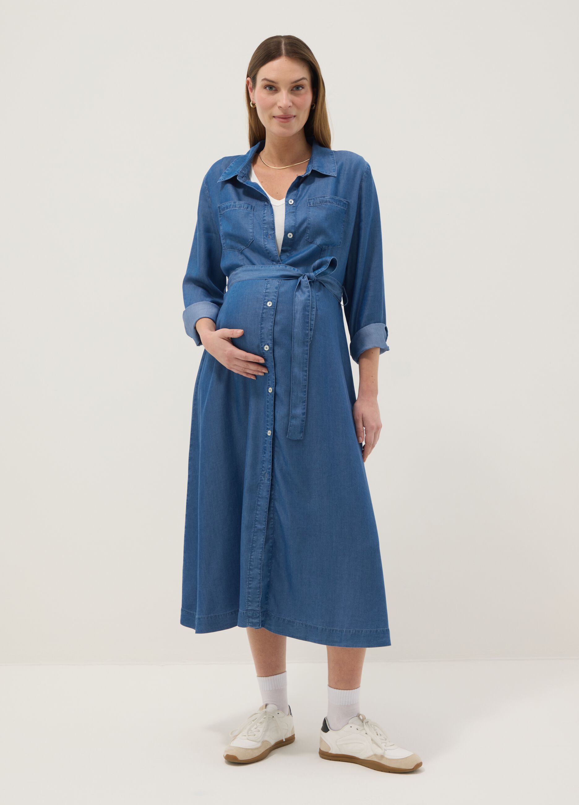 Long blue maternity dress in pure lyocell, regular fit