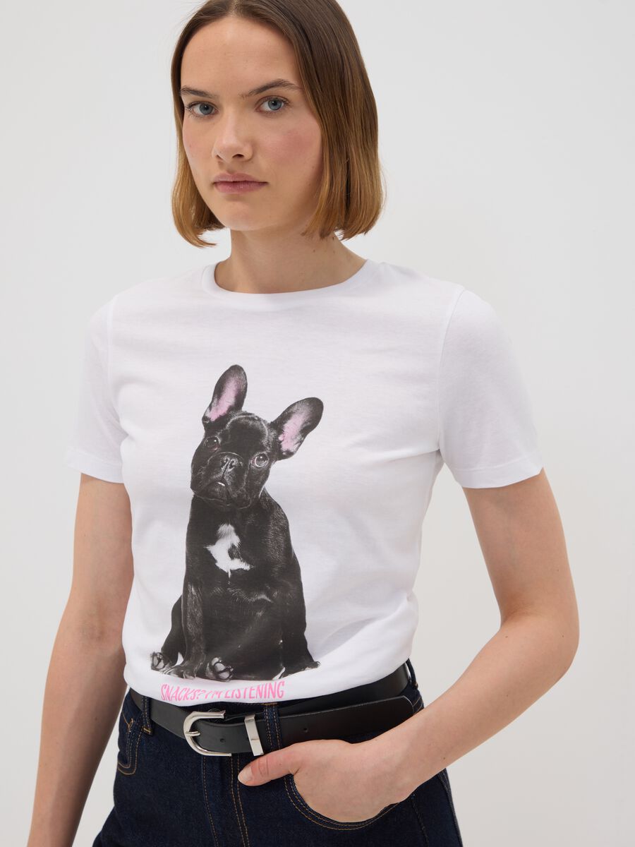 White pure cotton crew-neck T-shirt with puppy print, regular fit_0