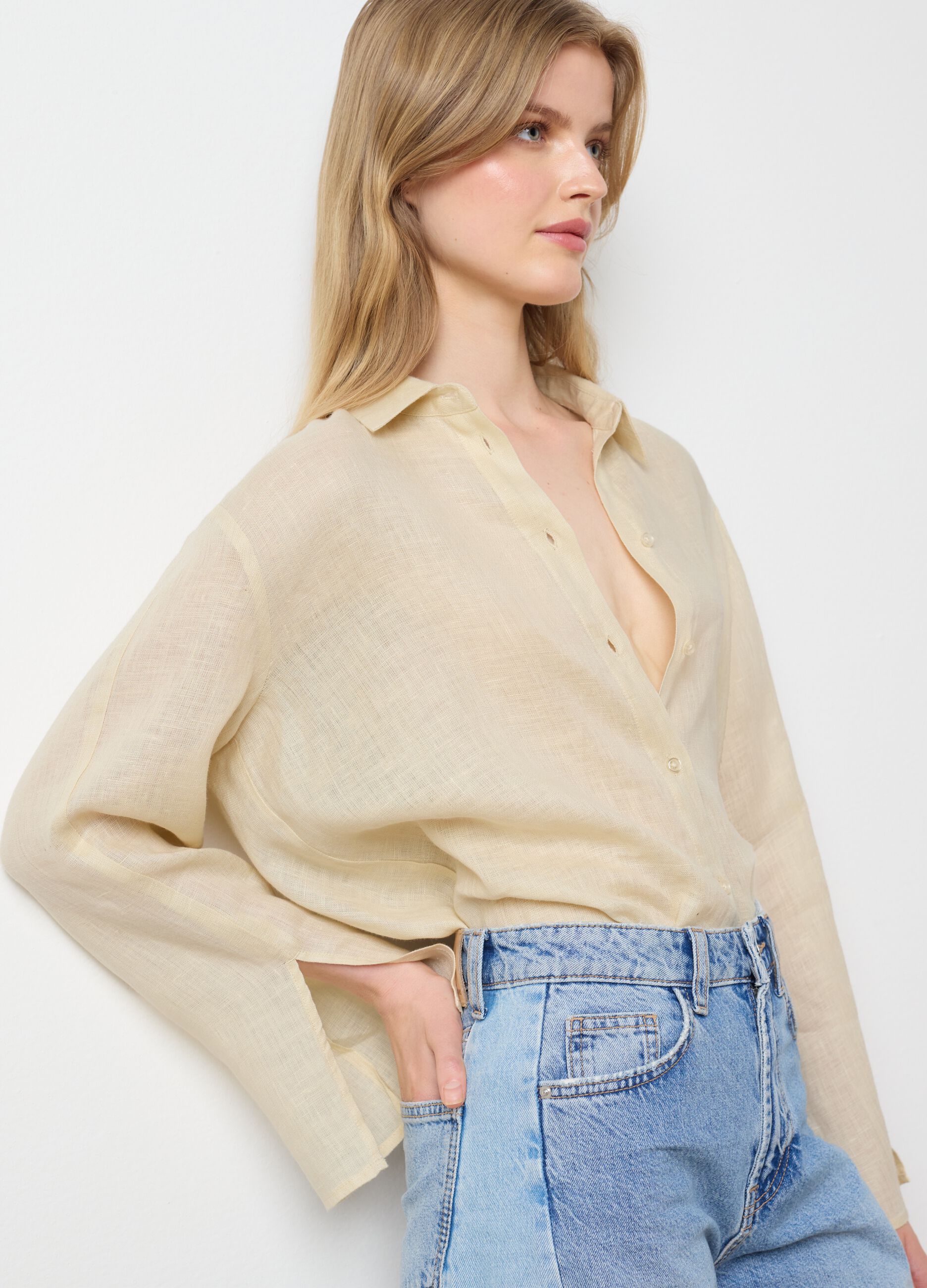 Women's long beige pure linen shirt - oversized