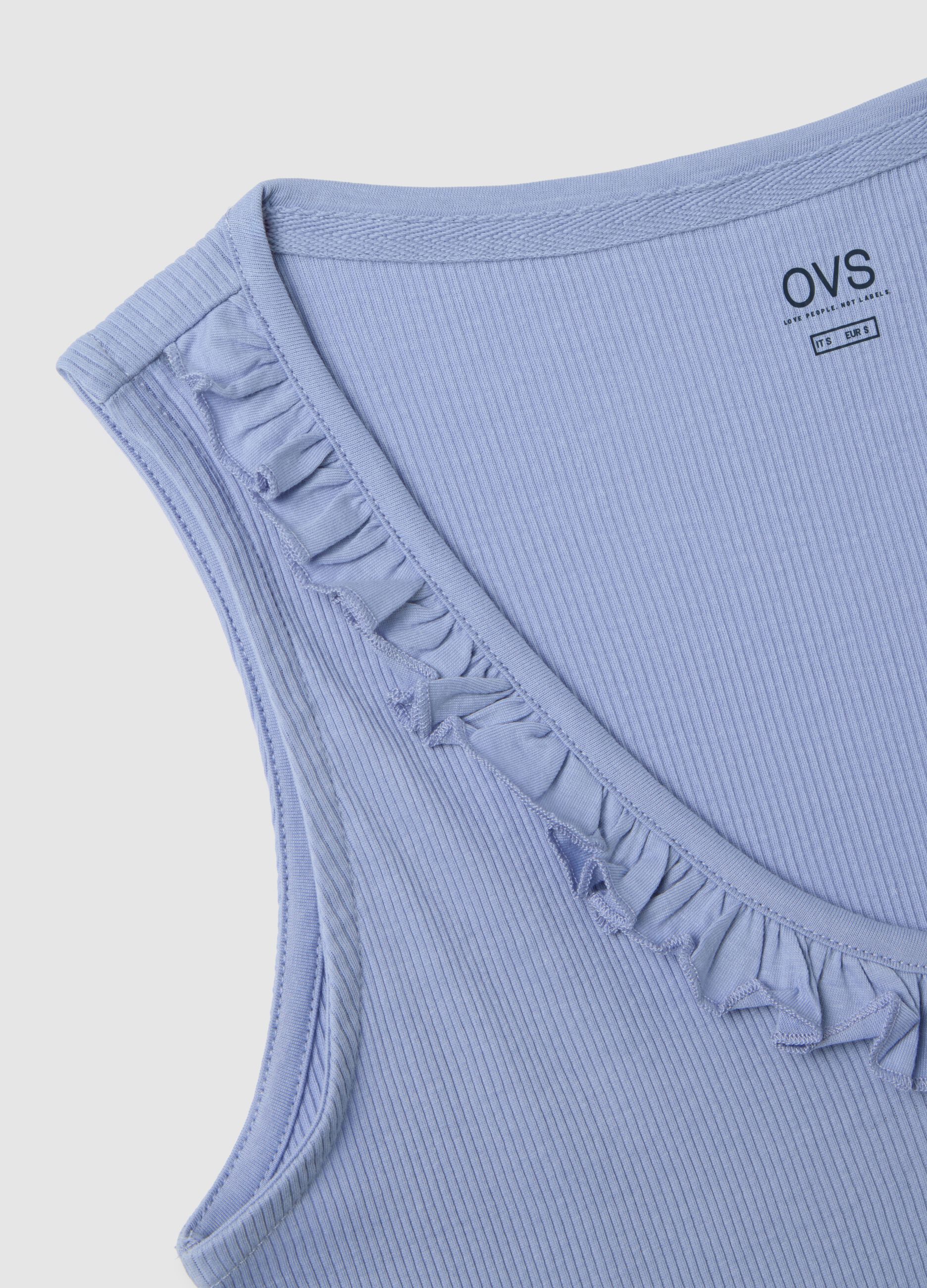Blue pure cotton sleeveless top in regular fit with ruffles