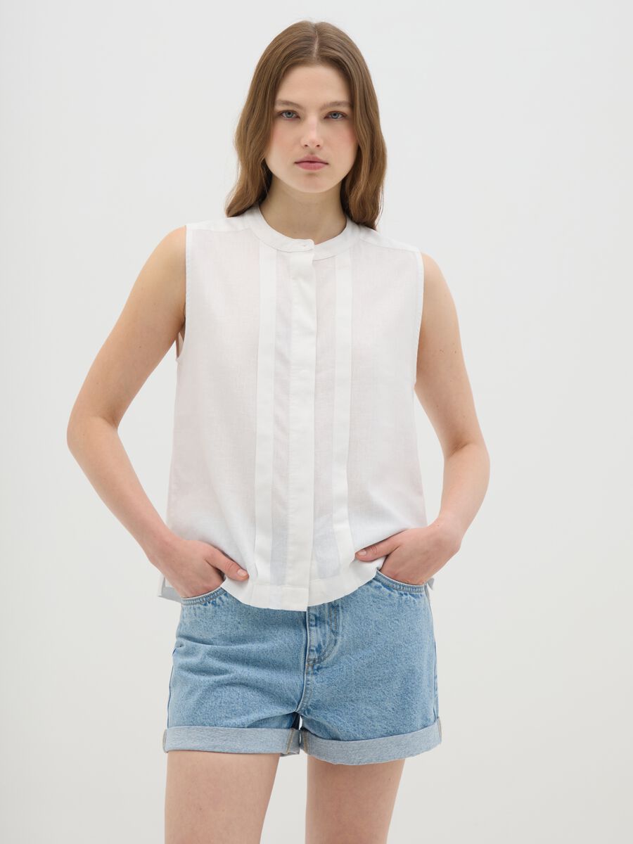Women's Sleeveless White Linen Blend Shirt Regular Fit_0