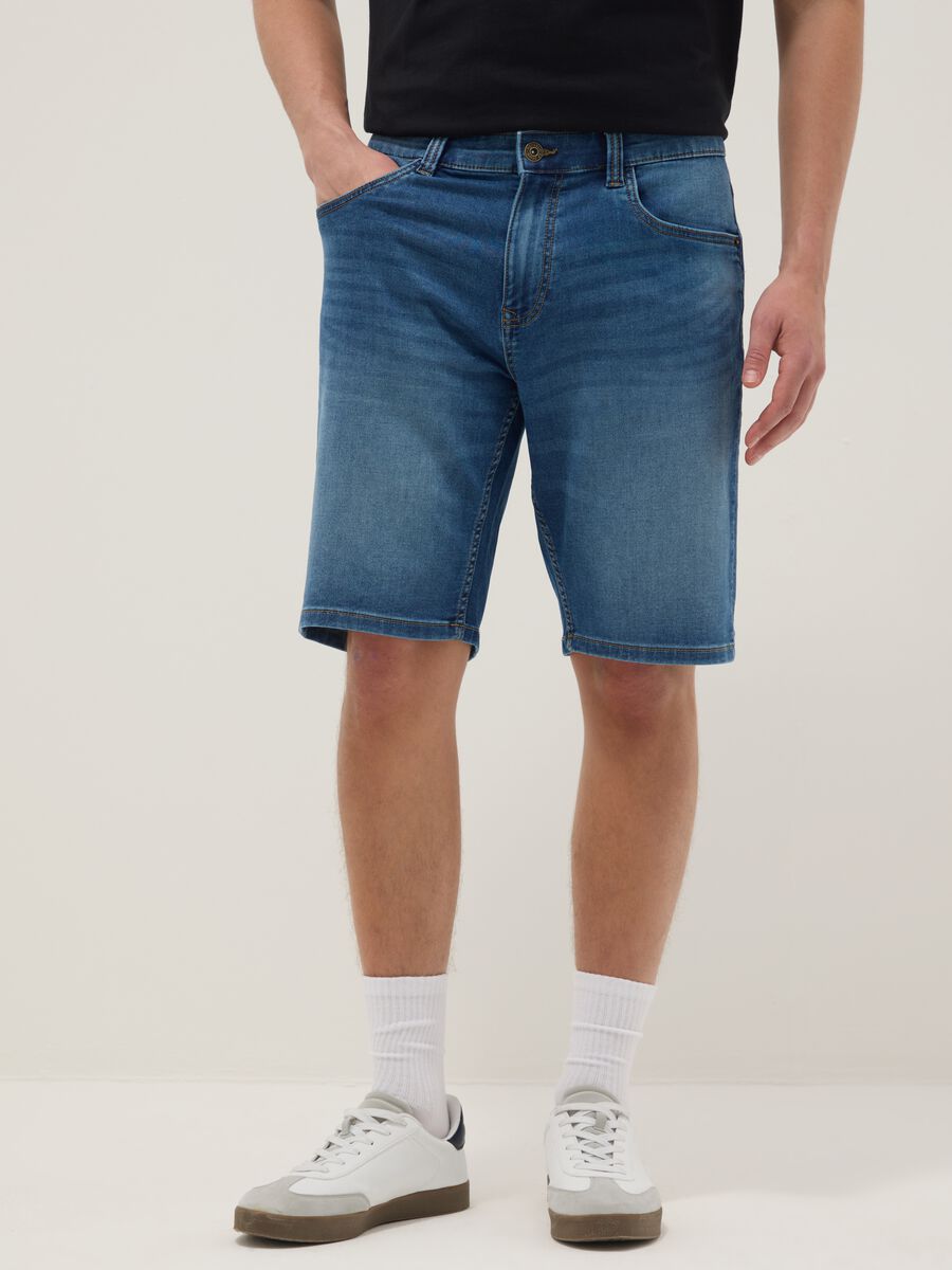 Blue stretch cotton-blend denim shorts, regular fit_1