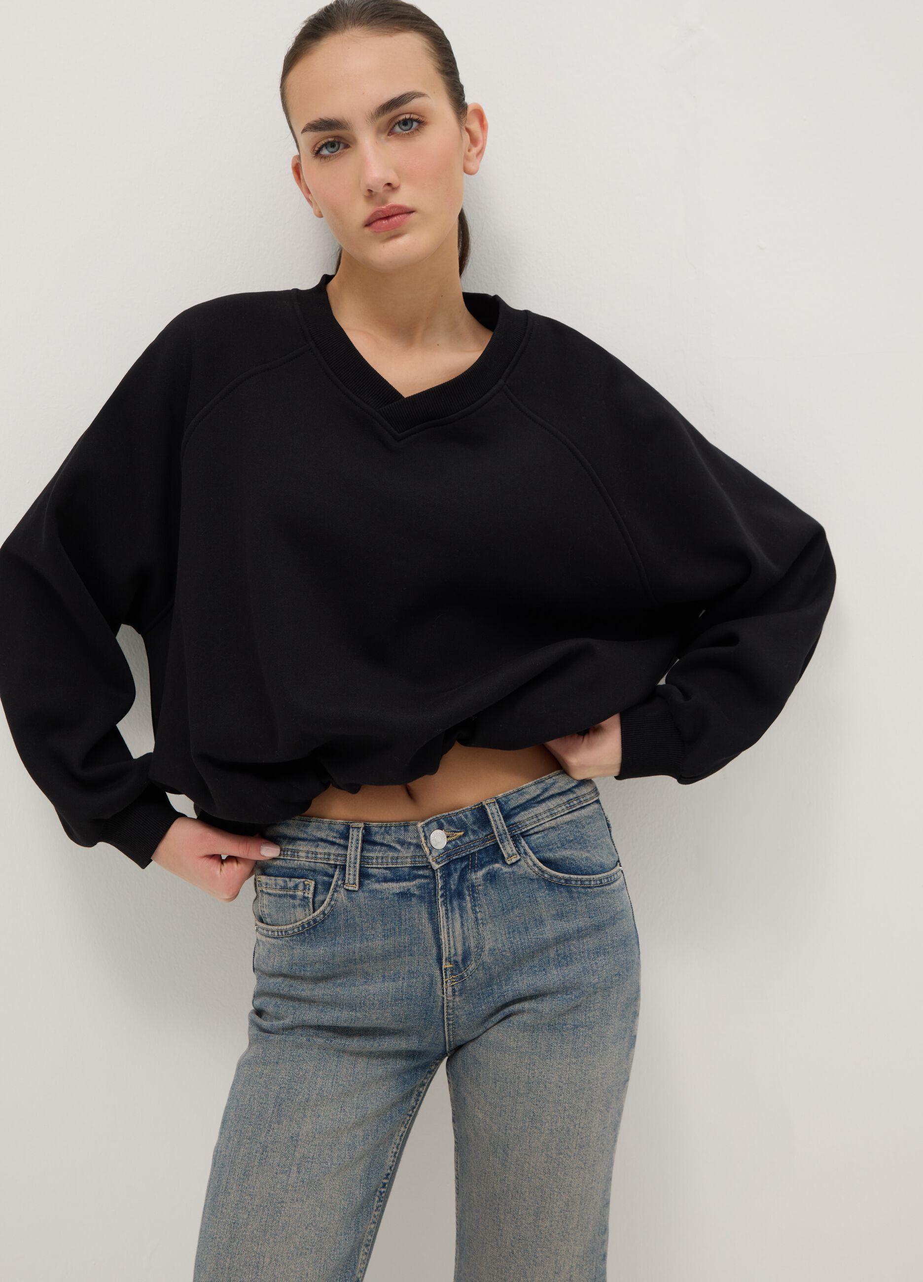 Black oversized cotton blend sweatshirt with V-neck