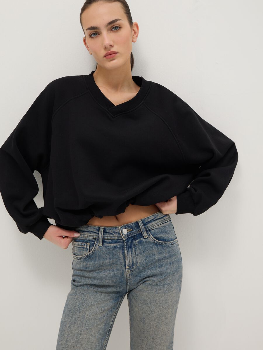 Black oversized cotton blend sweatshirt with V-neck_0