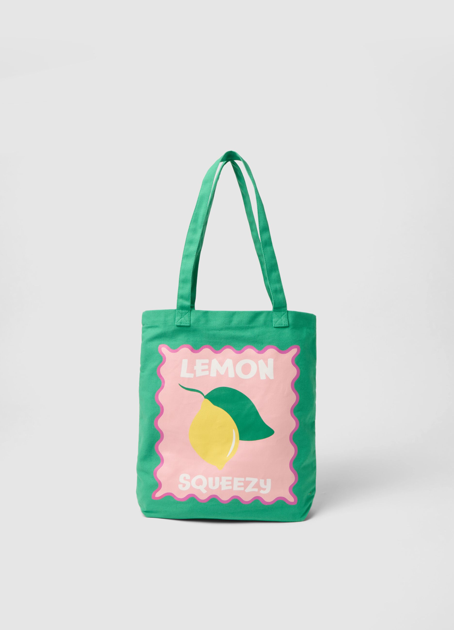 Green pure cotton bag with lemon print