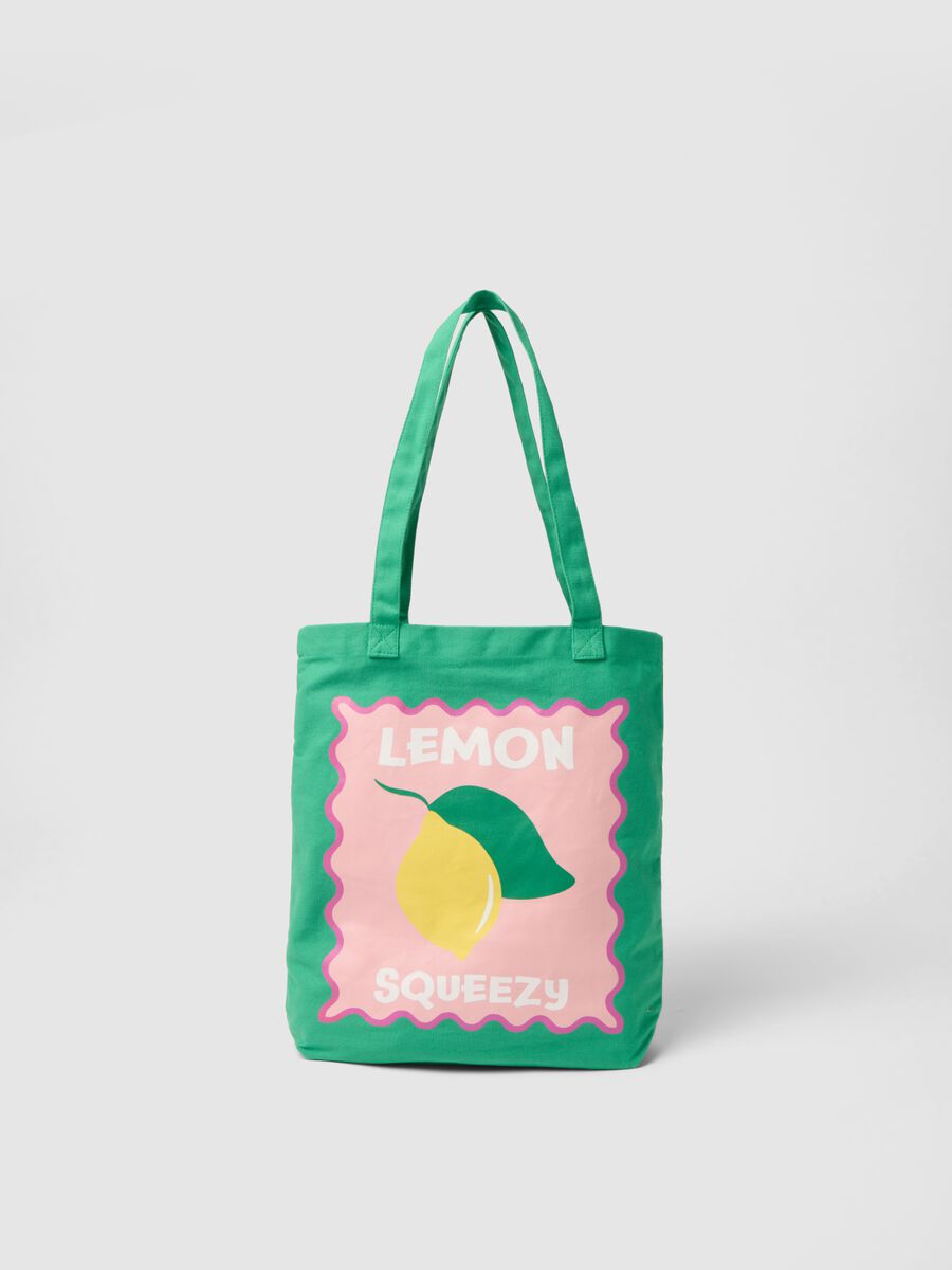 Green pure cotton bag with lemon print_0