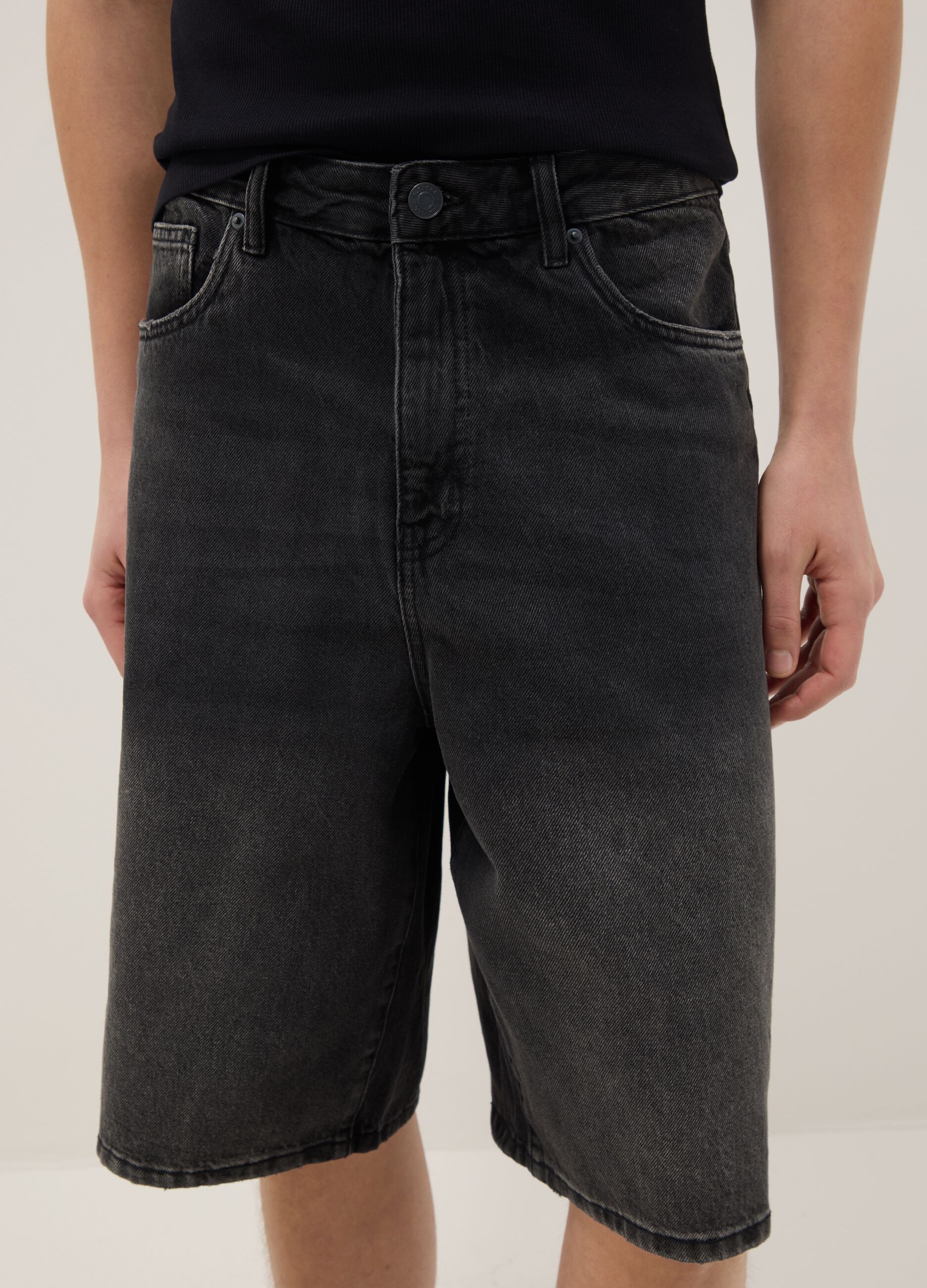 Pure Cotton Black Denim Bermuda Shorts Skater Fit