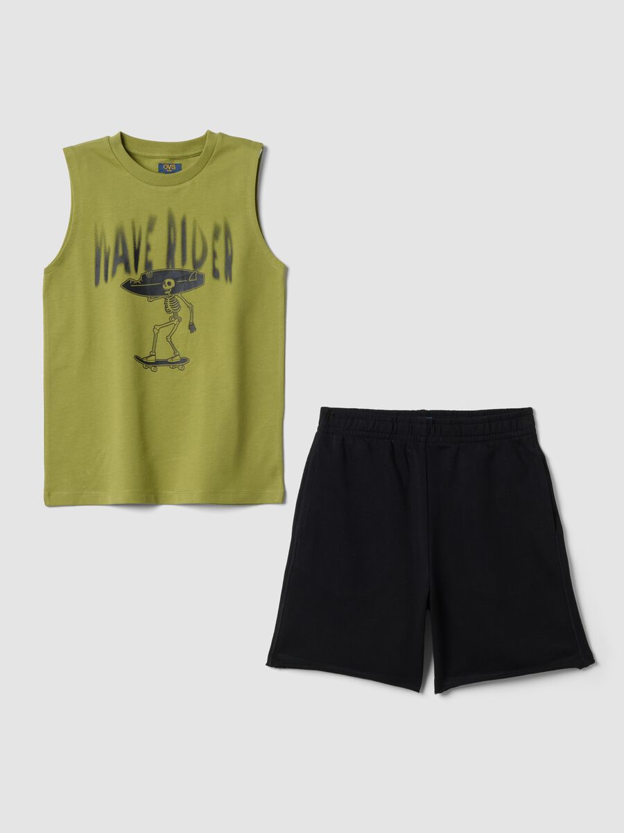 Green and blue pure cotton set with vest top and shorts_0