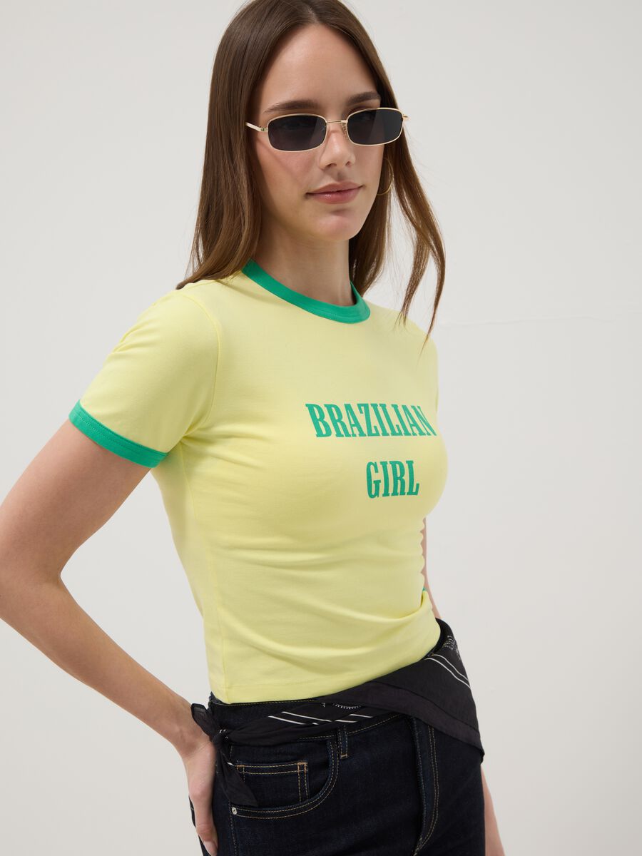 Tank top in cotone elasticizzato giallo regular fit con stampa Brasile_0