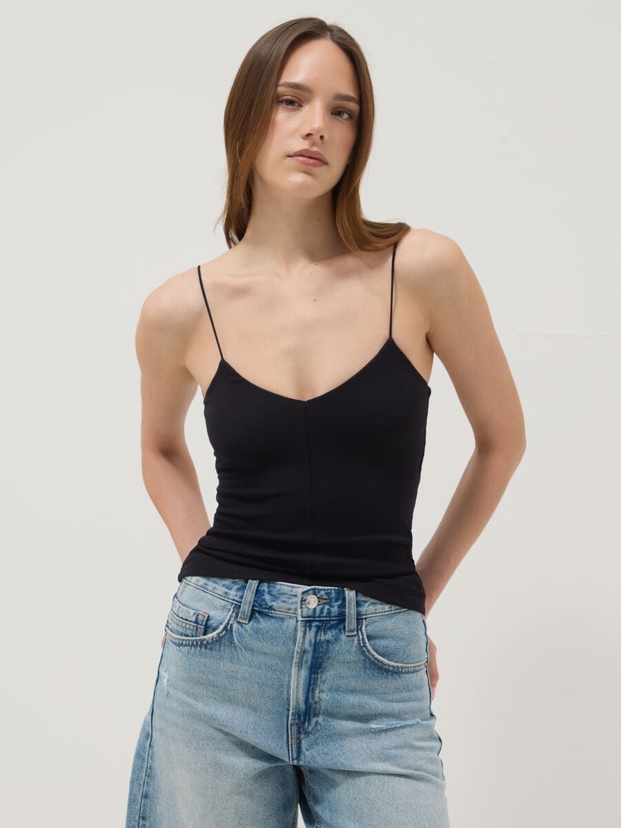 Black organic cotton tank top with thin straps_0