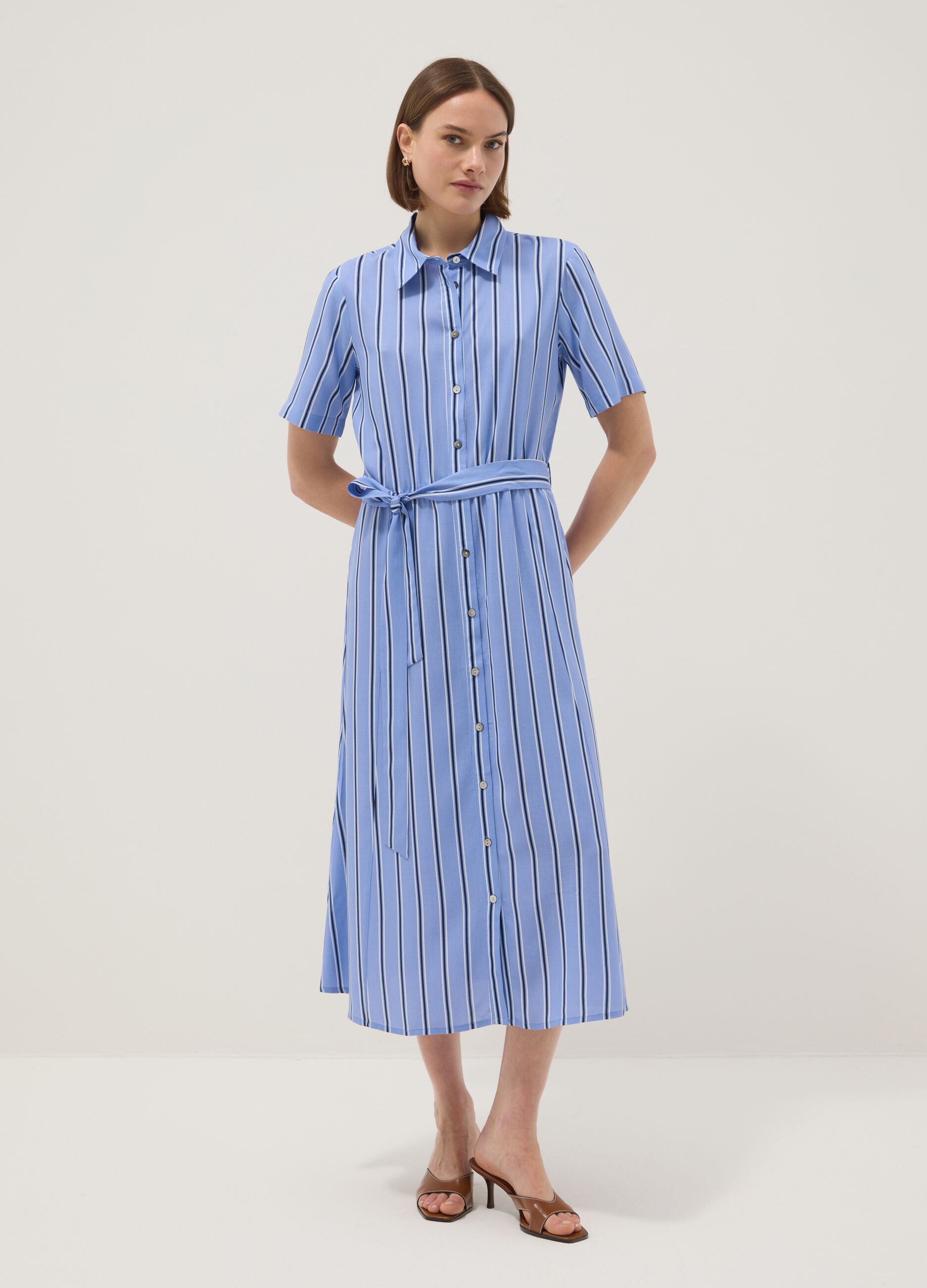 Pure viscose multicolour striped regular fit dress with belt