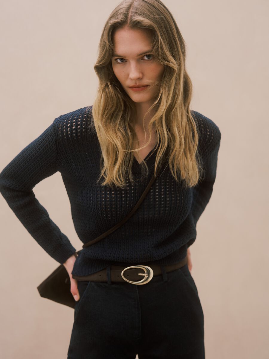 Blue cotton blend regular fit jumper with mesh pattern and polo collar_0