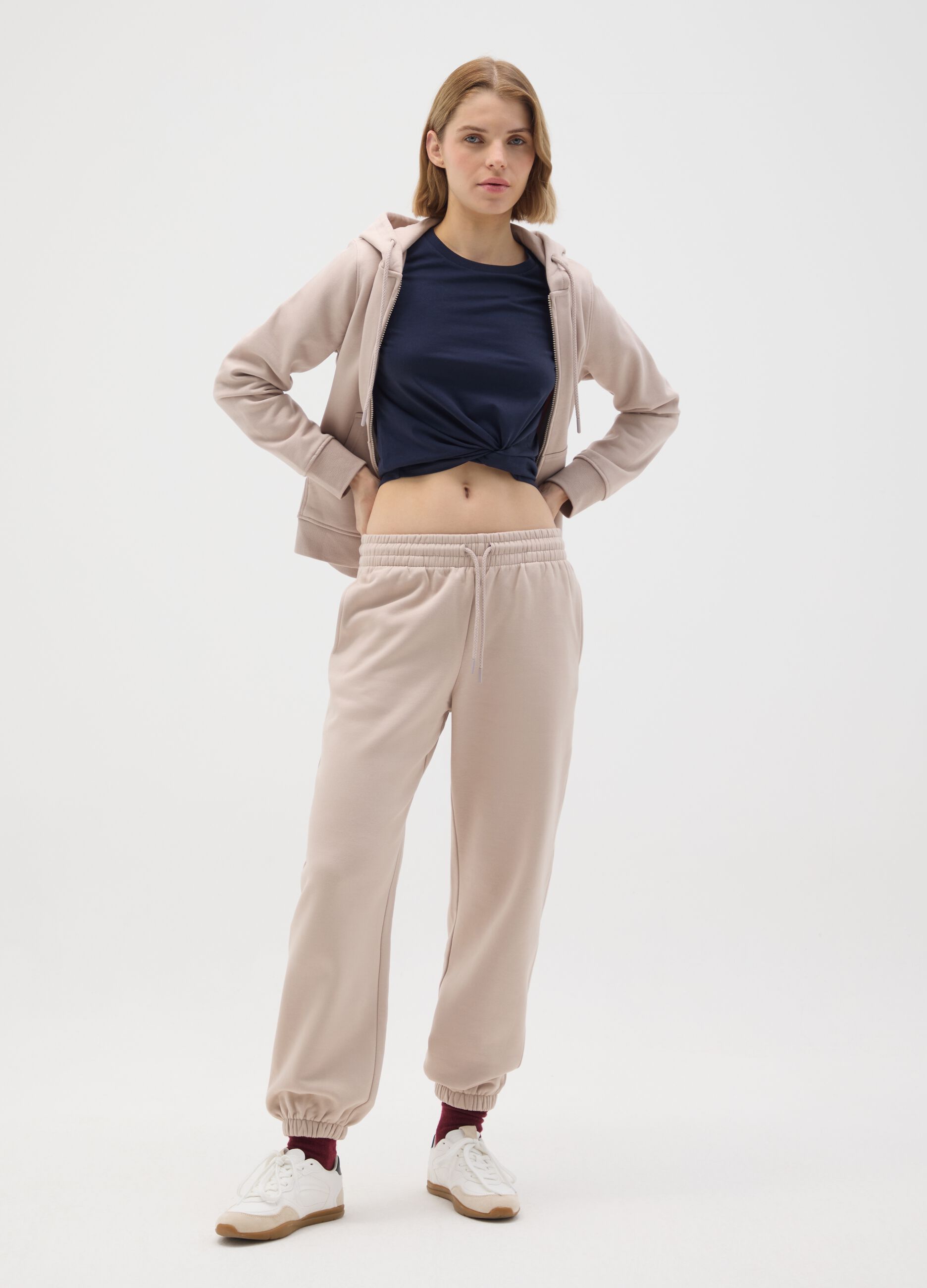 Beige Cotton Blend Regular Fit Trousers