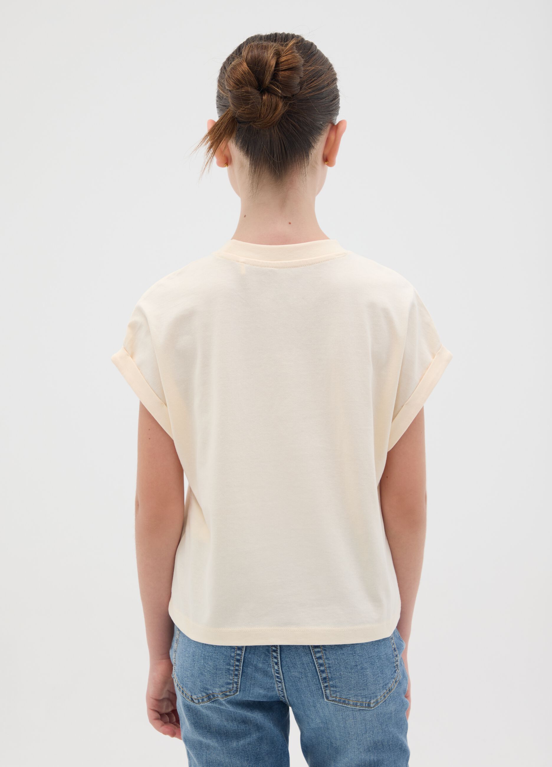 Girls' T-shirt in pure cotton beige boxy fit