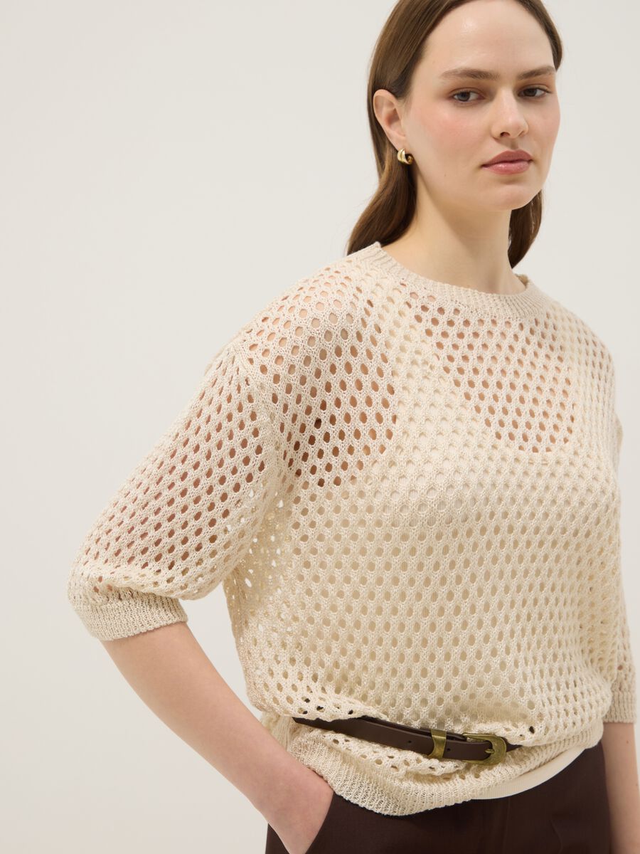 Beige open-knit three-quarter sleeve jumper_0