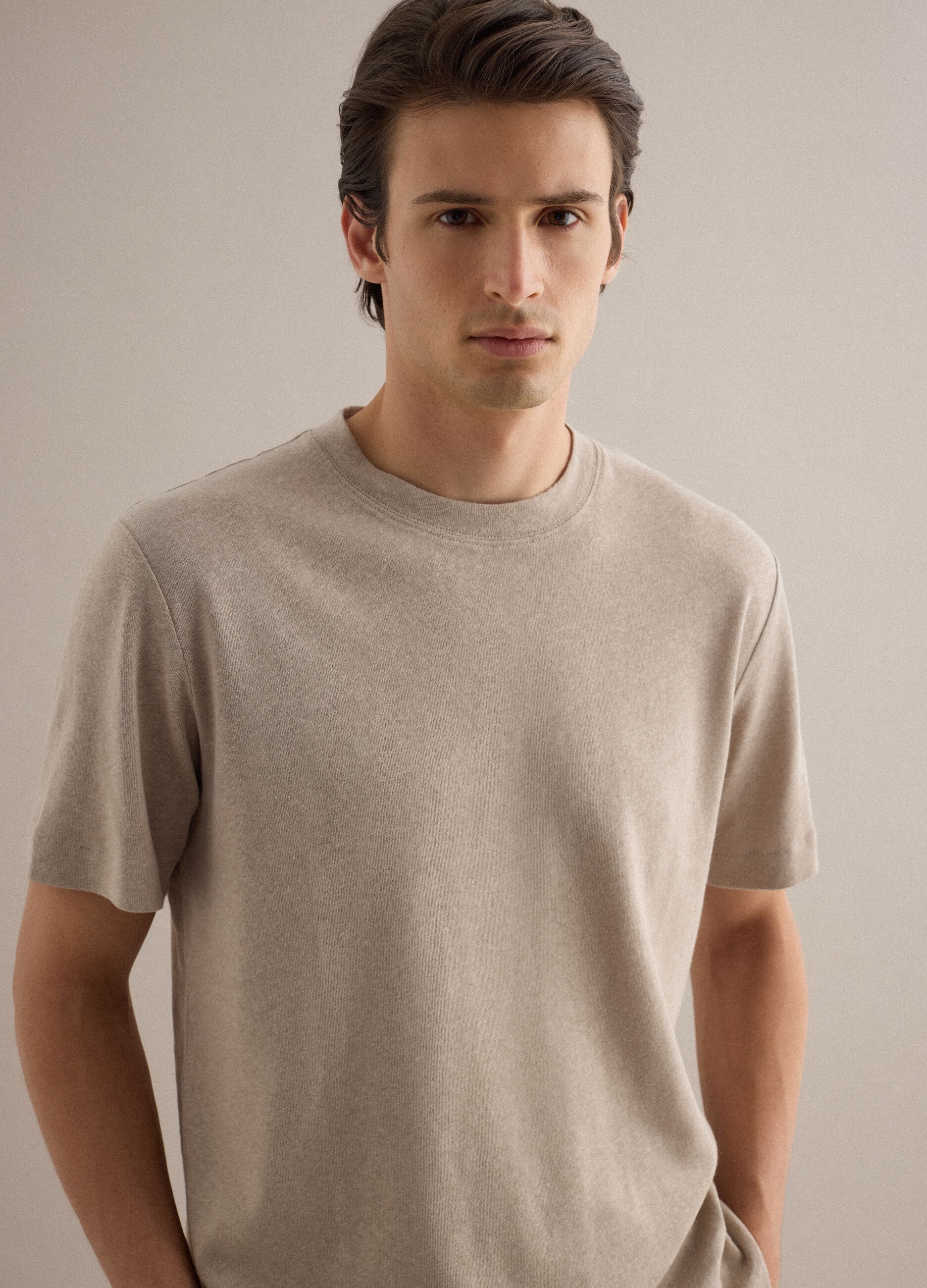 Beige linen-cotton blend regular fit t-shirt